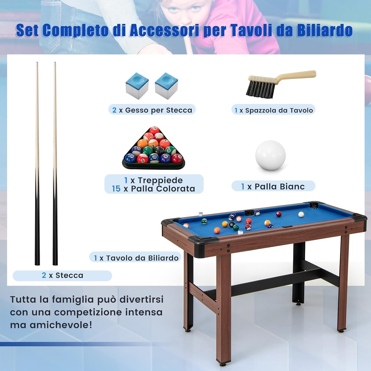 COSTWAY Tavolo da Biliardo, Tavolo da Gioco Biliardo in Legno con Set di Palline 2 Steccette 2 Gessi Triangolo Spazzola, Mini Tavolo da Biliardo per Sala Giochi bar Palestra, 122x61x76 cm