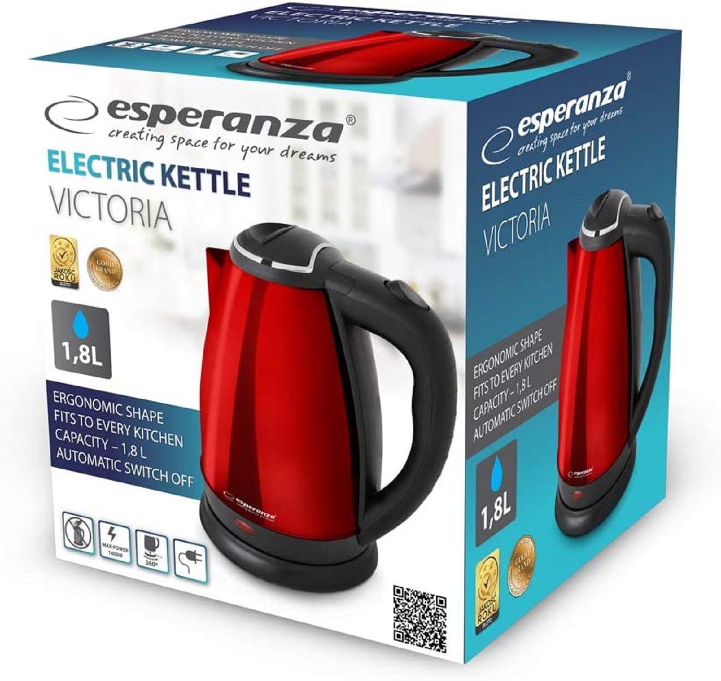Wasserkocher Esperanza Wasserkocher 1,8 l, 1800W Rot, Kunststoff, Edelstahl
