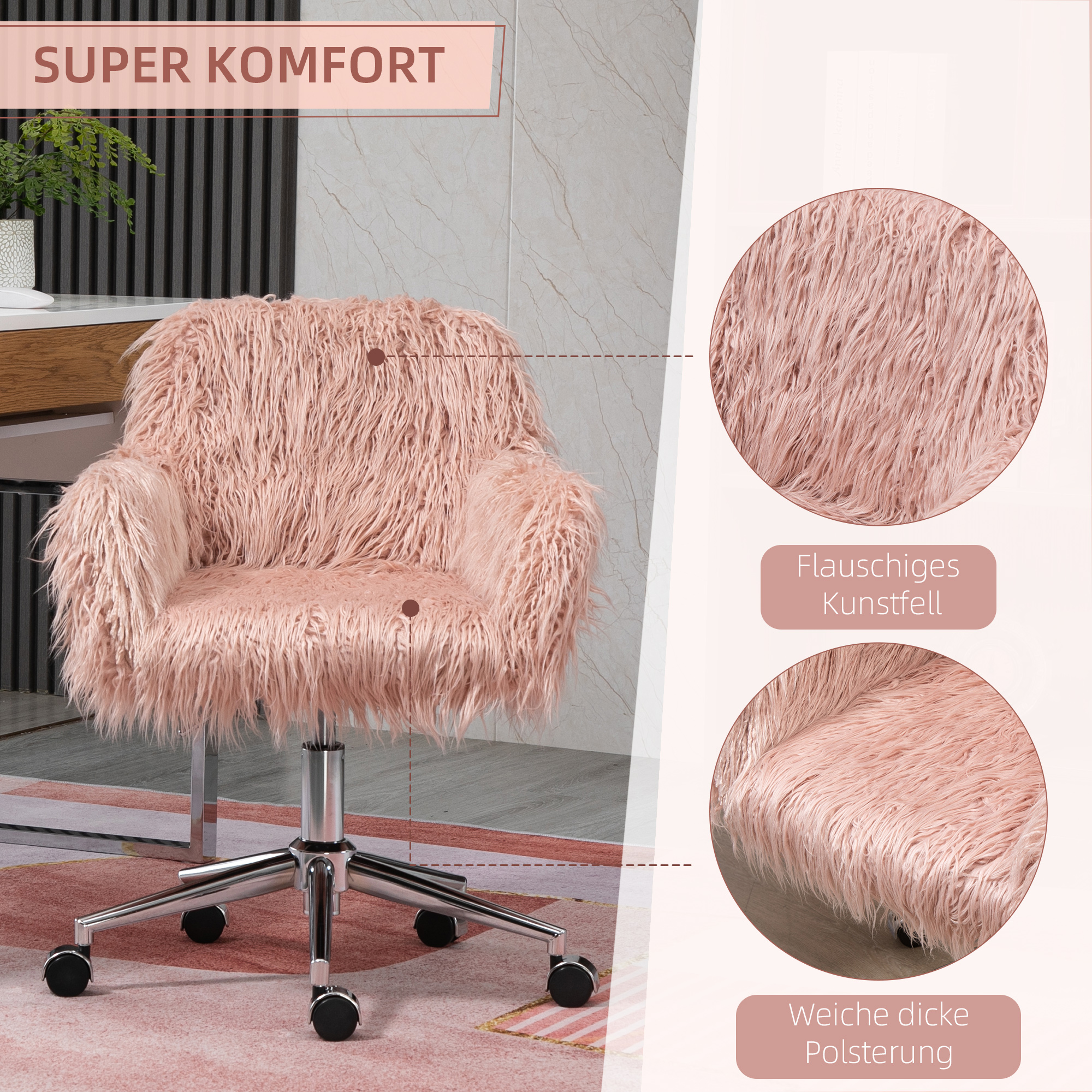 Vinsetto Chefstoel, Schminkstoel met kunstbontzitting en hoogteverstelling, Roze, 57x60x75-85 cm