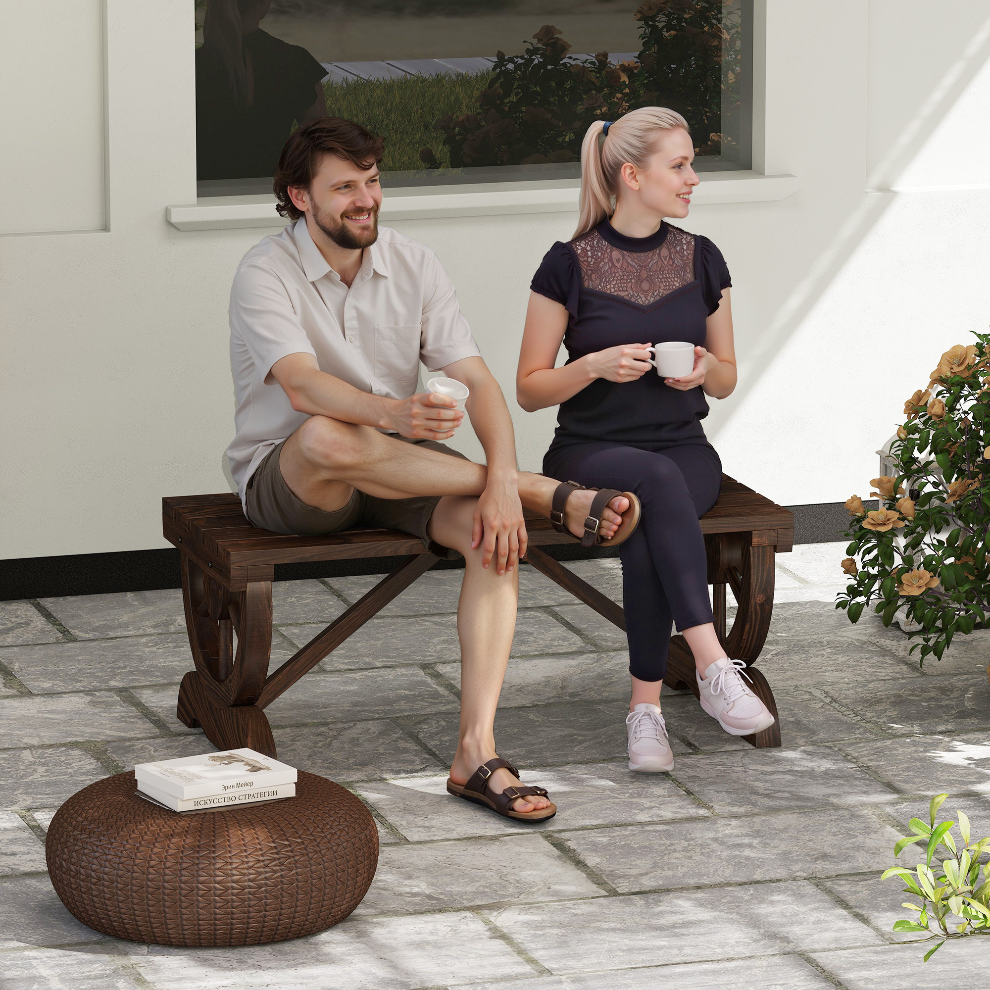 Outsunny Gartenbank Holz Wetterfest Sitzbank Gartenmöbel Rustikale Bank Natur 98 x 50 x 39,5 cm