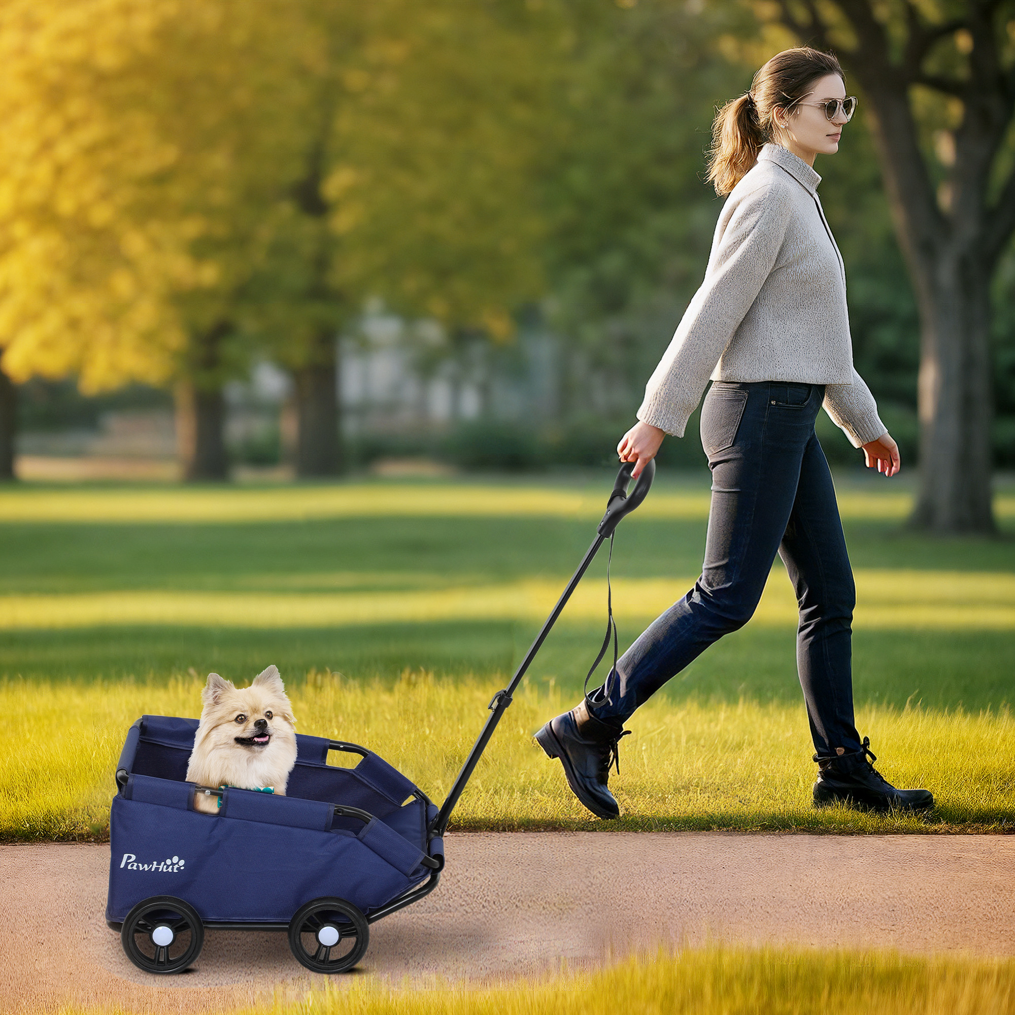 PawHut Hundewagen Pieghevole con Borsa e Cuscino, in Acciaio e Tessuto Oxford, 53x45x28 cm, Blu Scuro