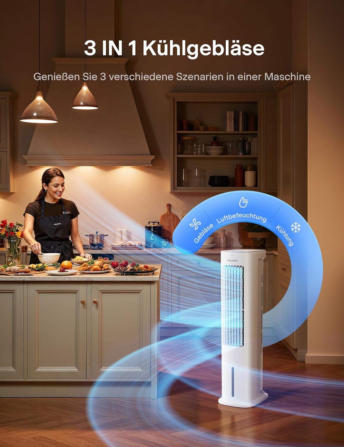 PELONIS Luftkühler mit Wasserkühlung, Klimaanlage Mobil, 5L Ventilator mit Wasserkühlung, Klimagerät Luftbefeuchter mit Fernbedienung, 355m³/h Klimaanlage Ohne Abluftschlauch