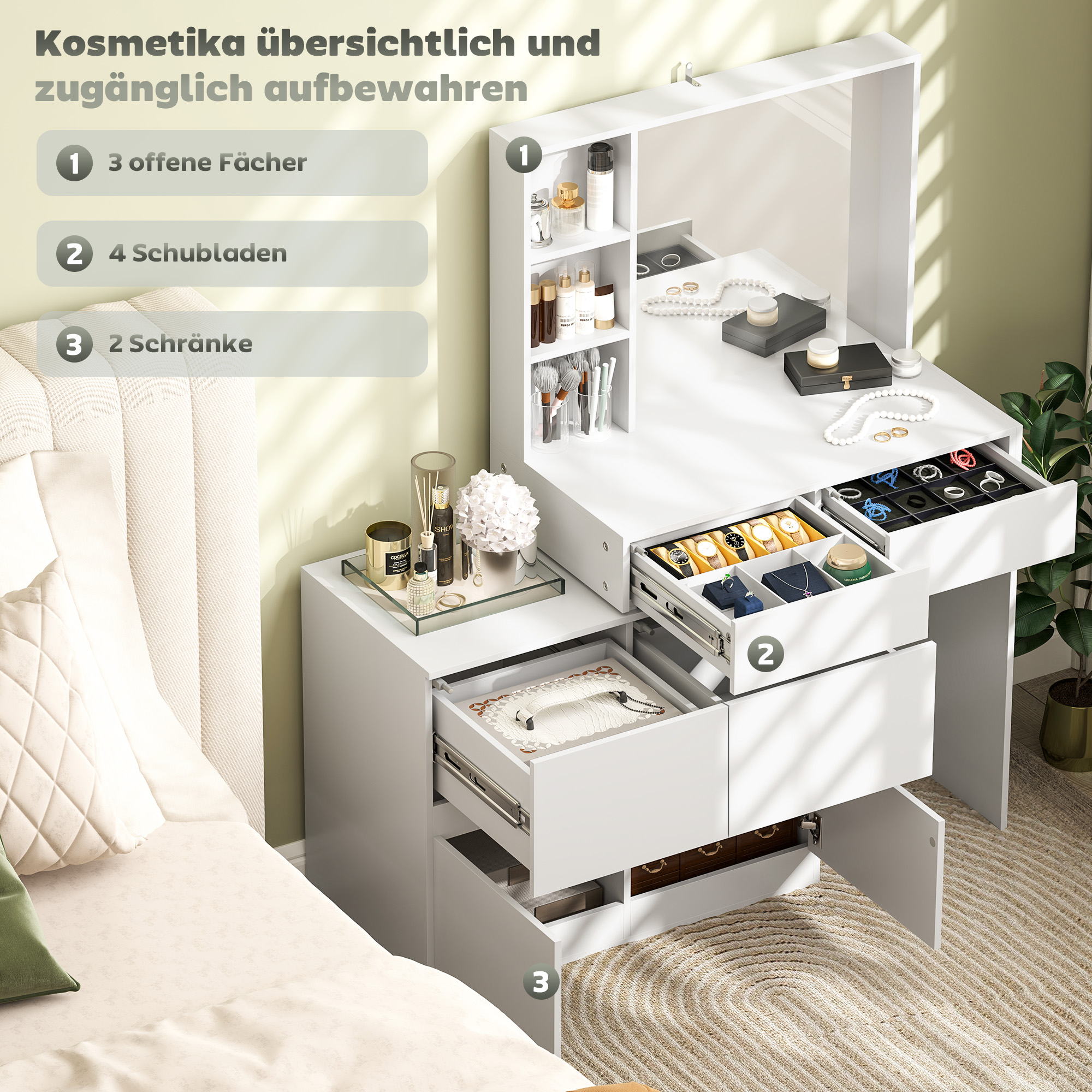 Kaptafel, Makeup-Tafel met Grote Spiegel, 4 Laden, 3 Open Vakken, 2 Kasten, MDF, Wit