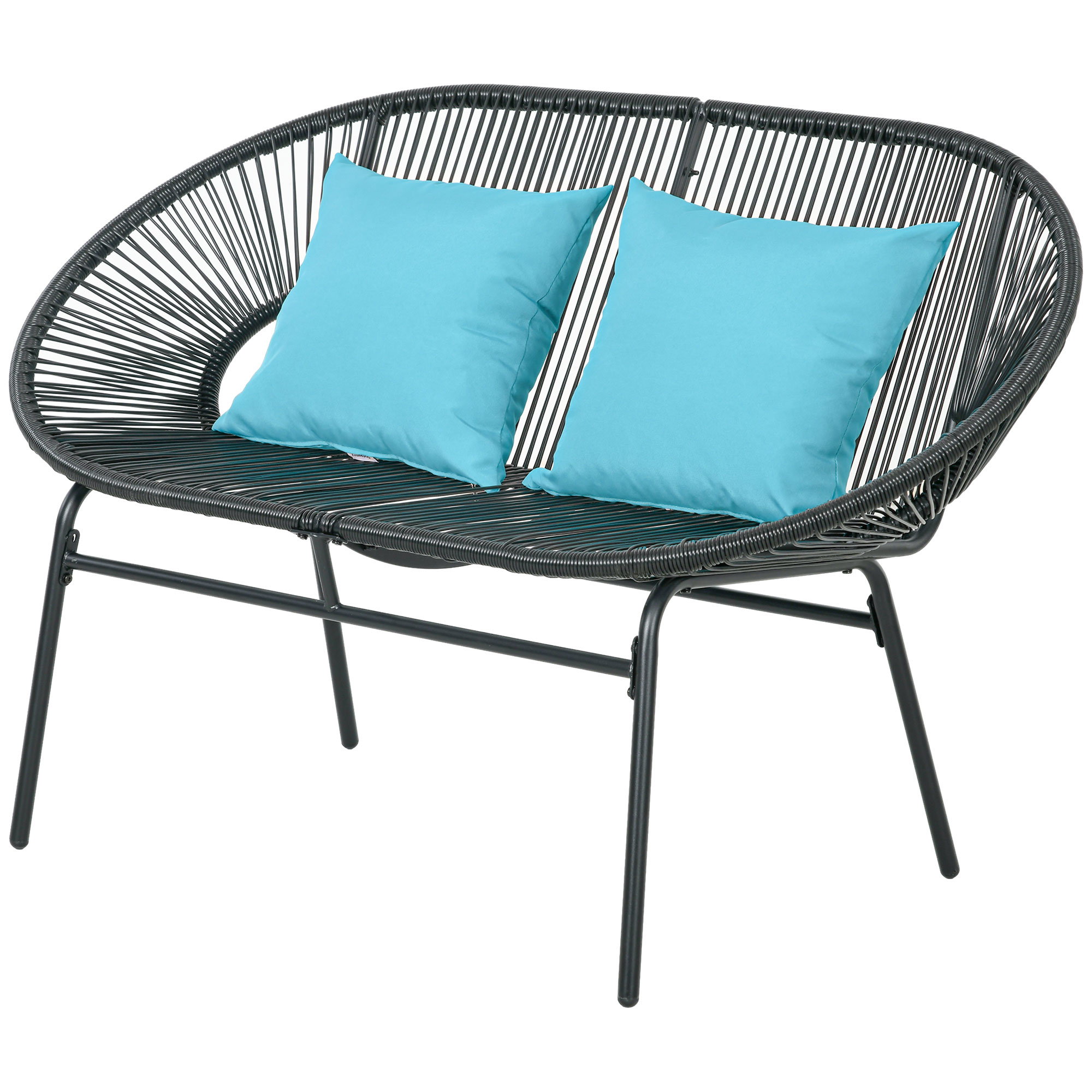 Outsunny Gartenbank 2-Sitzer aus Metall und PE-Rattan-Seil mit 2 Kissen - Abmessungen 132L x 72B x 83H cm - Schwarz