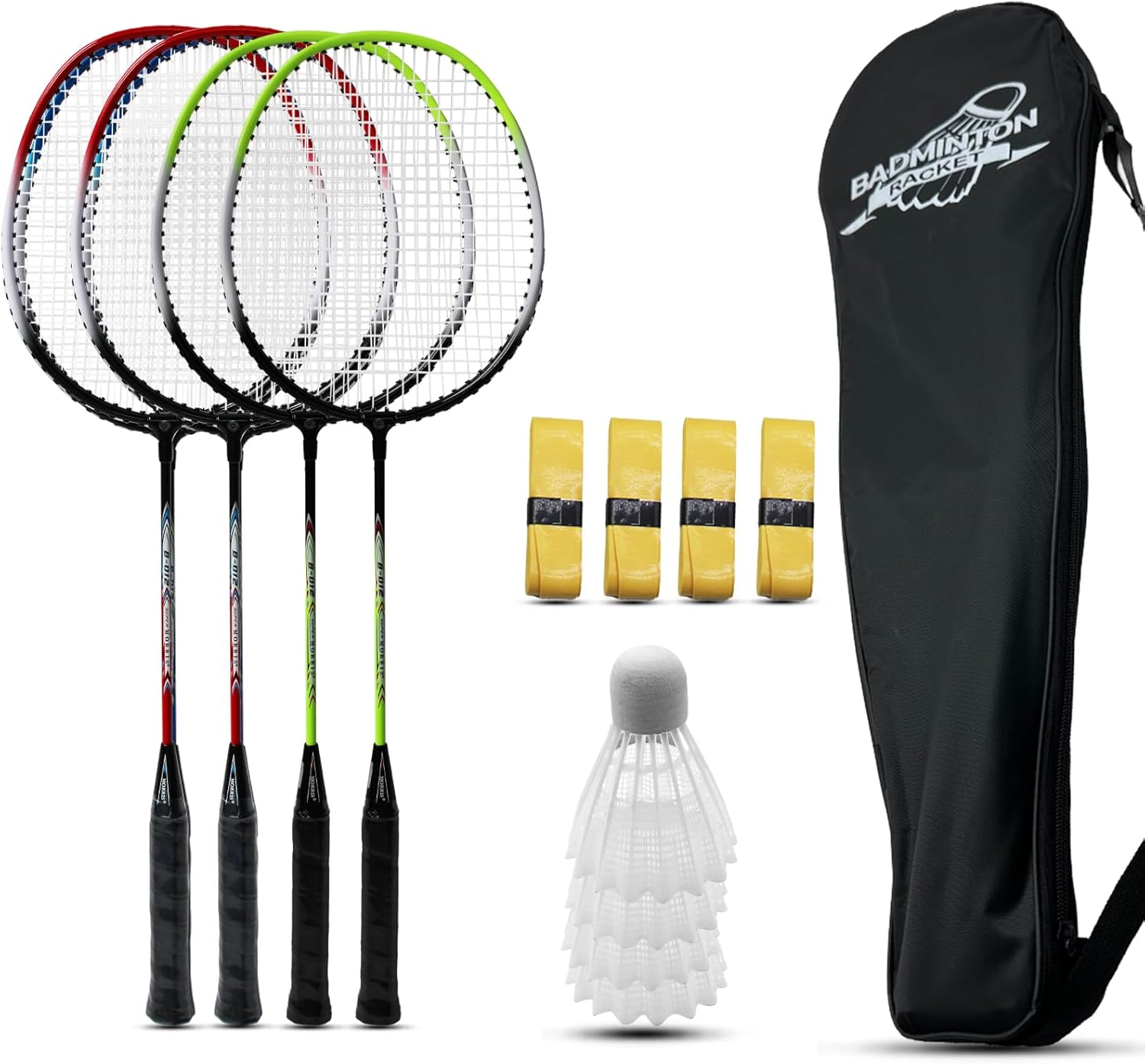 Magicorange Set di 4 racchette da badminton per giochi all'aperto, tra cui 4 racchette, 4 volani, 4 nastri di ricambio per impugnatura e 1 borsa per il trasporto