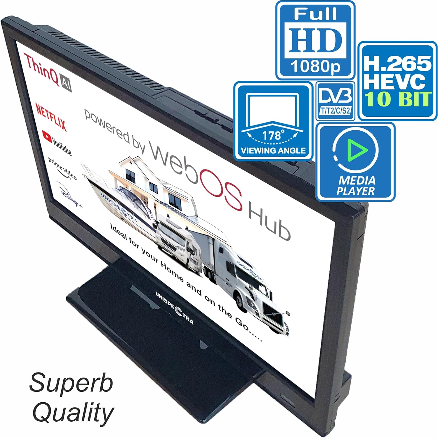 Unispectra® 16“ Smart TV (webOS) Full HD 230V 24V Triple Tuner: Sat, Antenne, Kabel TV, 3xHDMI, 2xUSB, Magic Remote. 12V Fernseher für Wohnmobile, Wohnwagen, LKWs, Lieferwagen, Boote