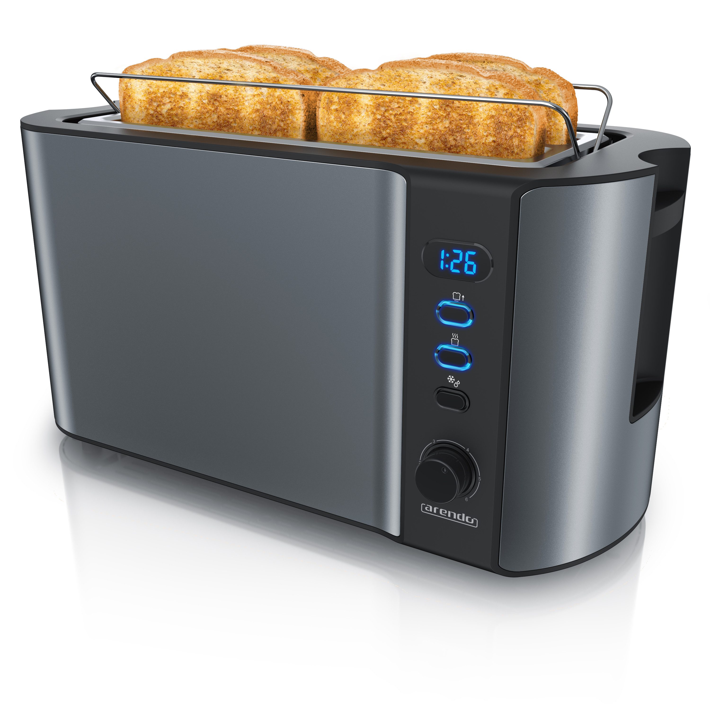 Toaster Edelstahl, Langschlitz, Display mit Restzeitanzeige, Krümelschublade