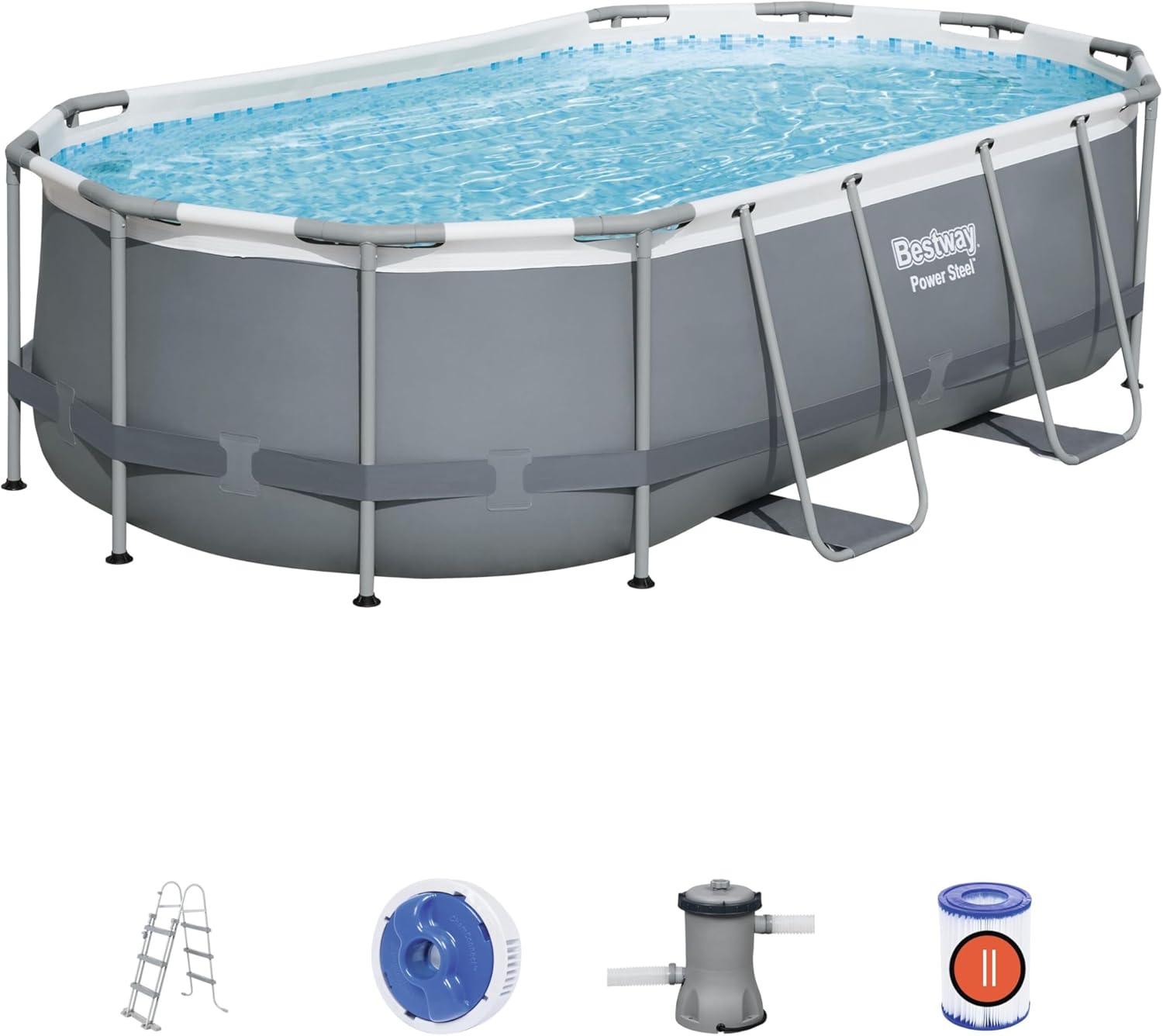Bestway Power Steel Frame Pool Set, oval, grau, 424 x 250 x 100 cm