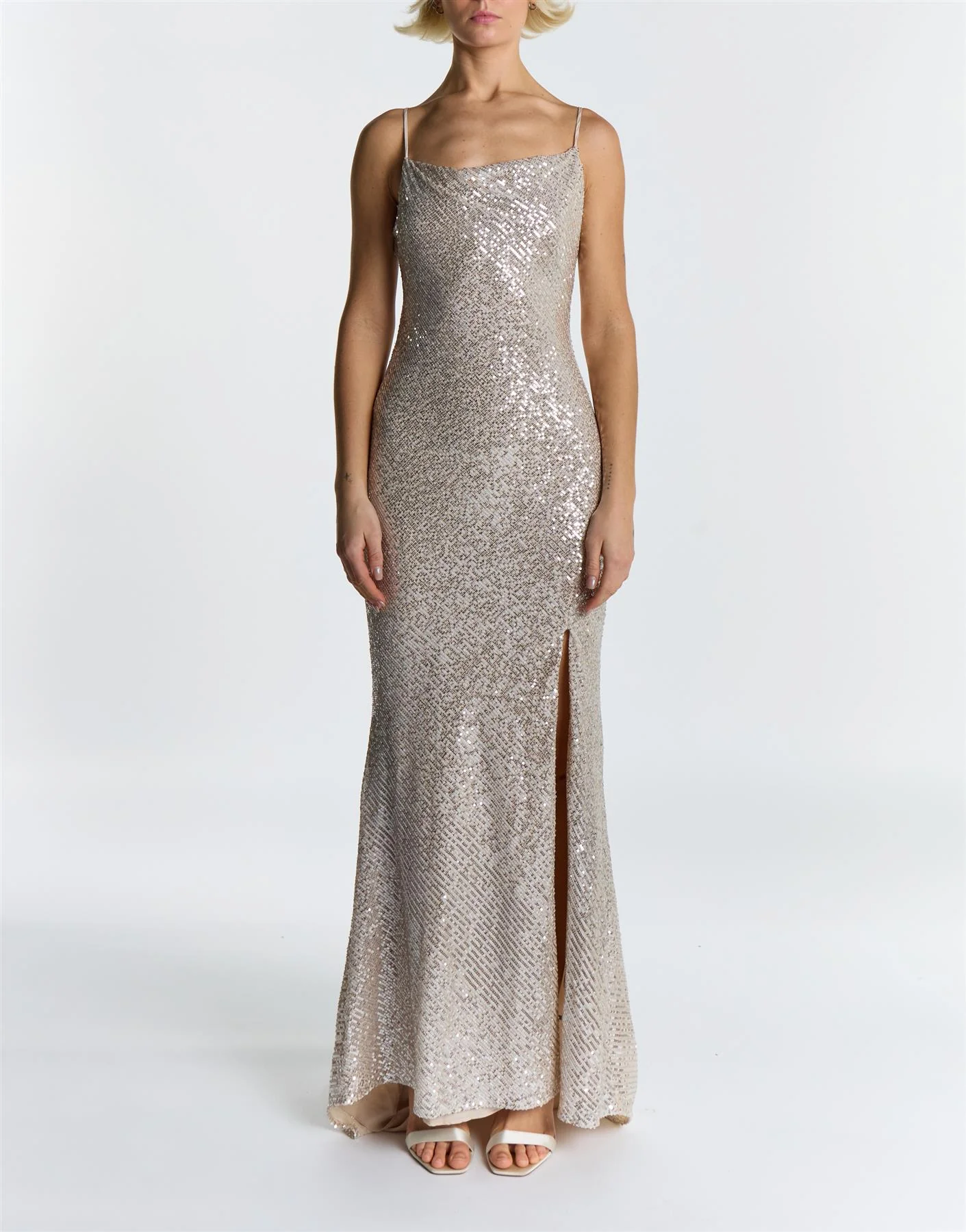 Pippa Champagne Sequin Cowl Neck Front Split Slip Dress