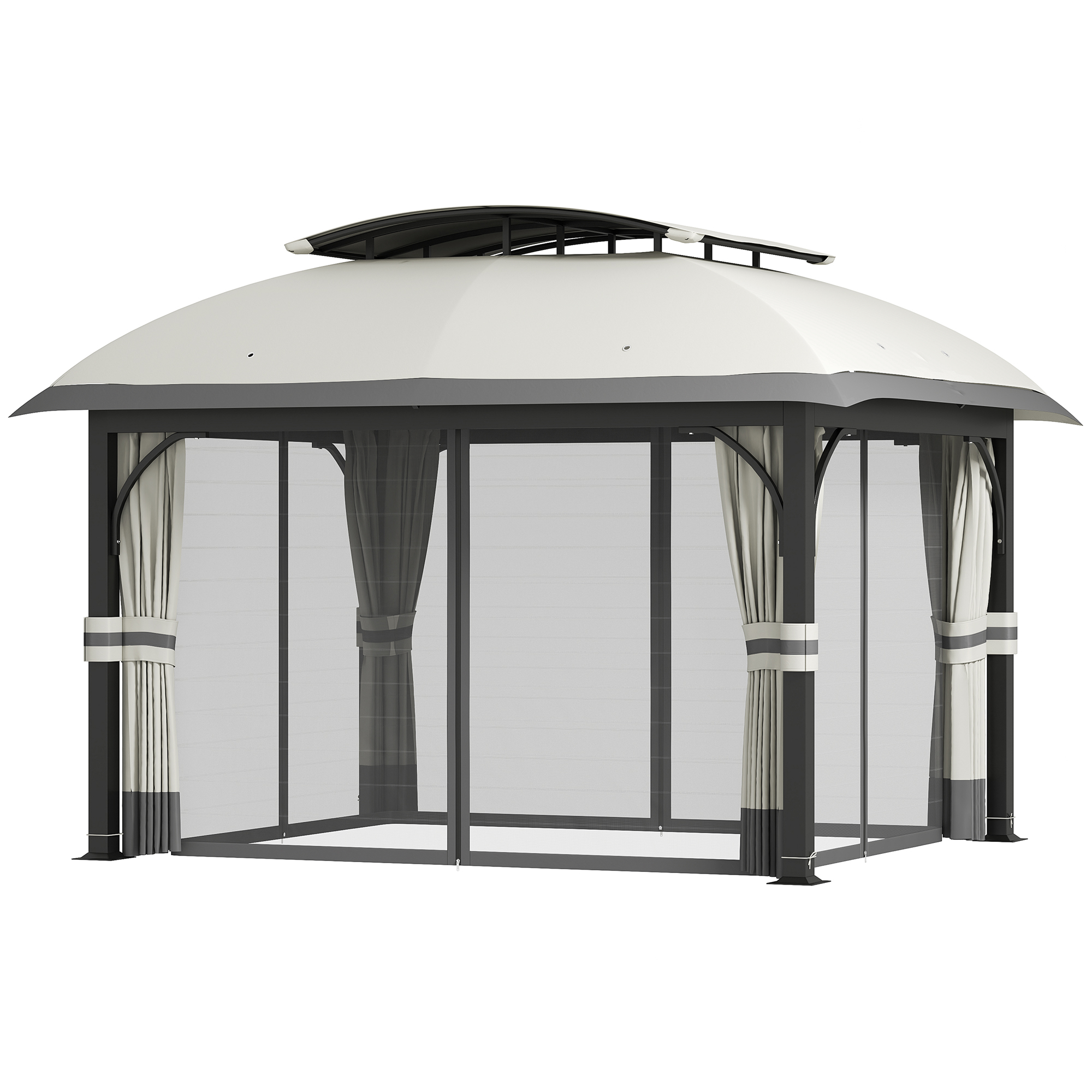 Outsunny Gartenpavillon, 3,3 x 4 m Gartenzelt mit Netz-Vorhängen, zweistufiges Dach, Kunstleder-Bezug, Metallrahmen, Hellgrau