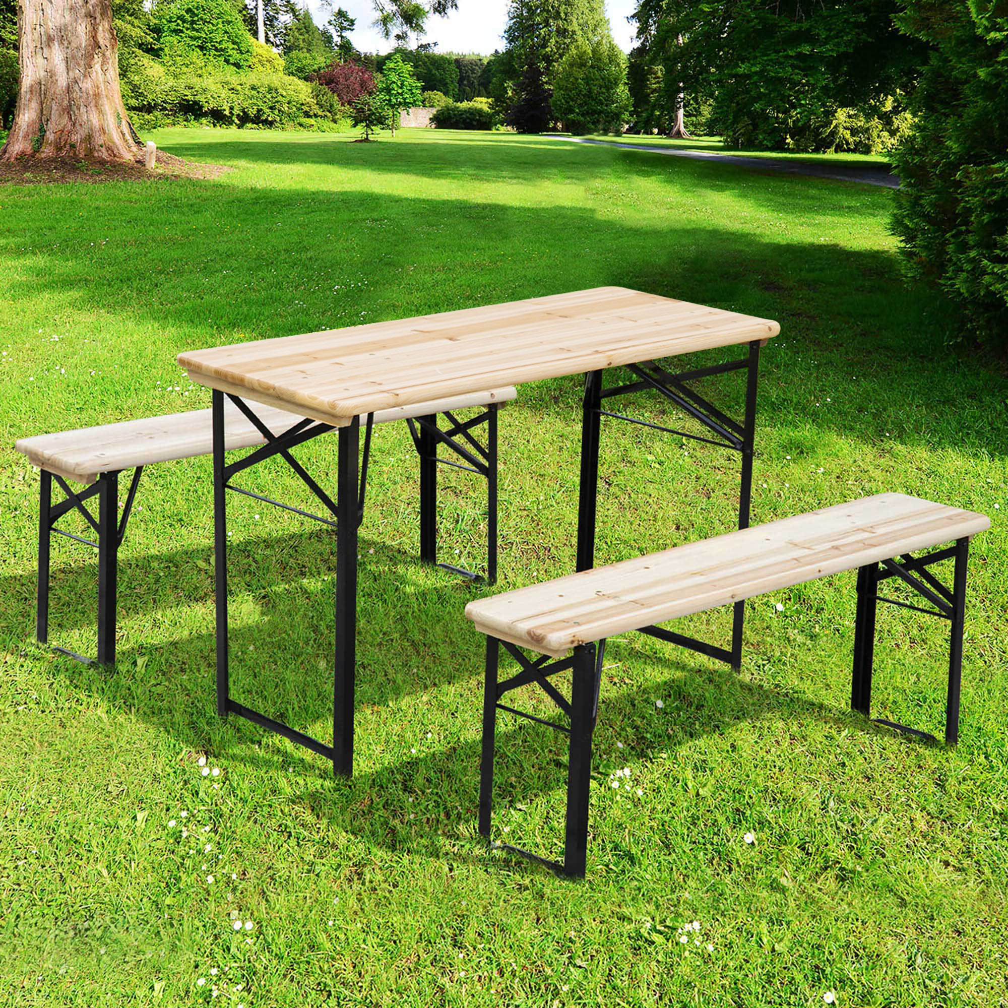 Outsunny Faltbarer Campingtisch mit Picknicktisch + 2 klappbare Bänke aus epoxidbeschichtetem Metall Schwarz Massivholz Fichte