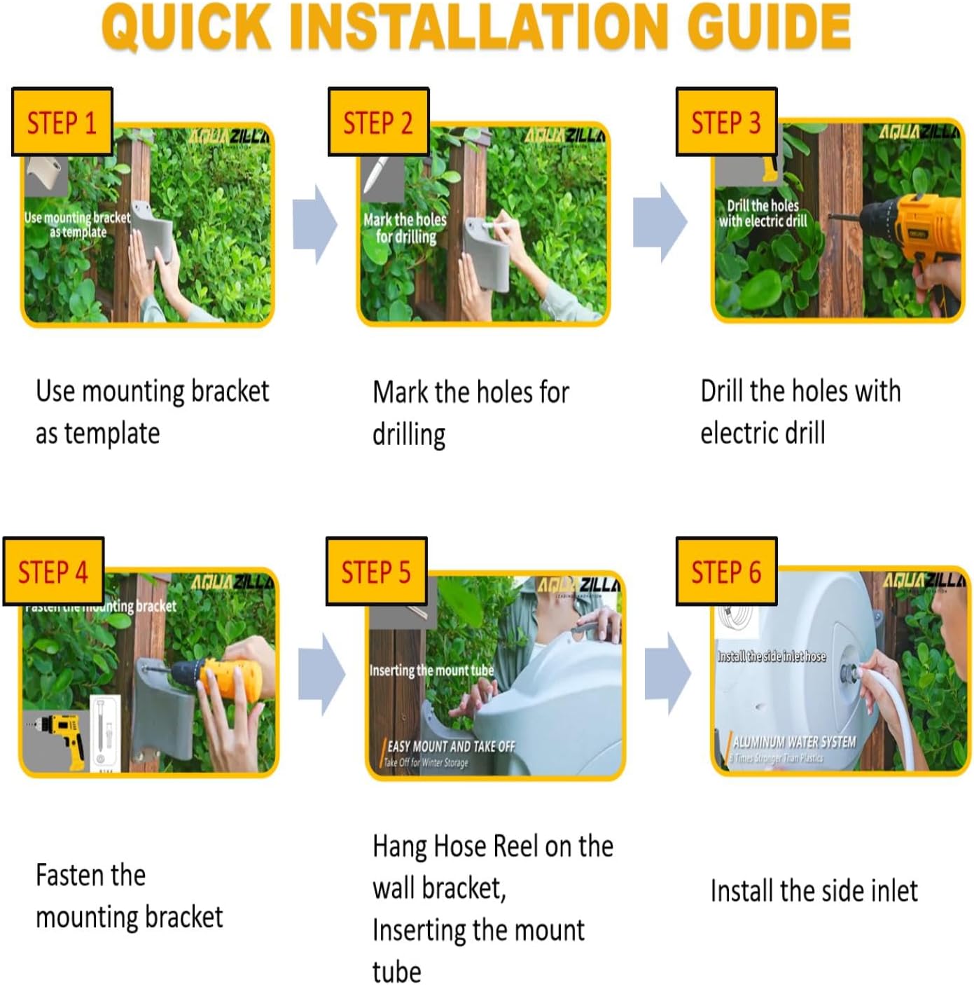Retractable Garden Hose Reel  5/8 in 100+6 ft  Heavy Duty Wall Mounted Water Hose Reel  Spring Power Automatic Rewind  Any Length Lock  180° Swivel Bracket  10 Pattern Spray Nozzle