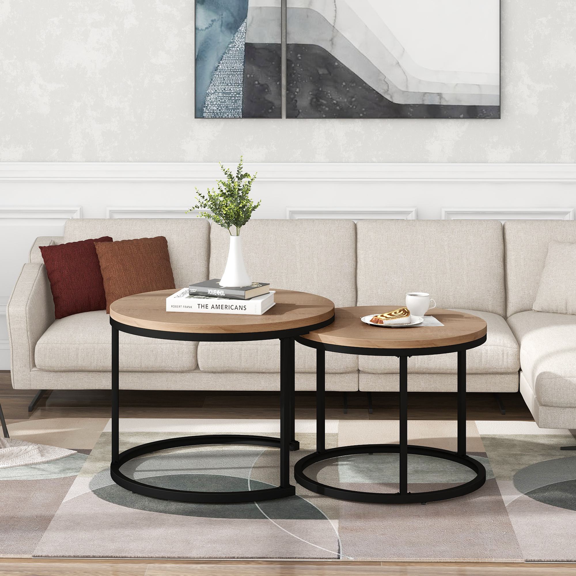 Runder Couchtisch 2er Set, Stapelbare Beistelltische aus MDF mit Metallrahmen, Platzsparendes Design, Großer Tisch: 50 x 70,5 cm, Kleiner Tisch: 45,5 x 44 cm,  Eiche