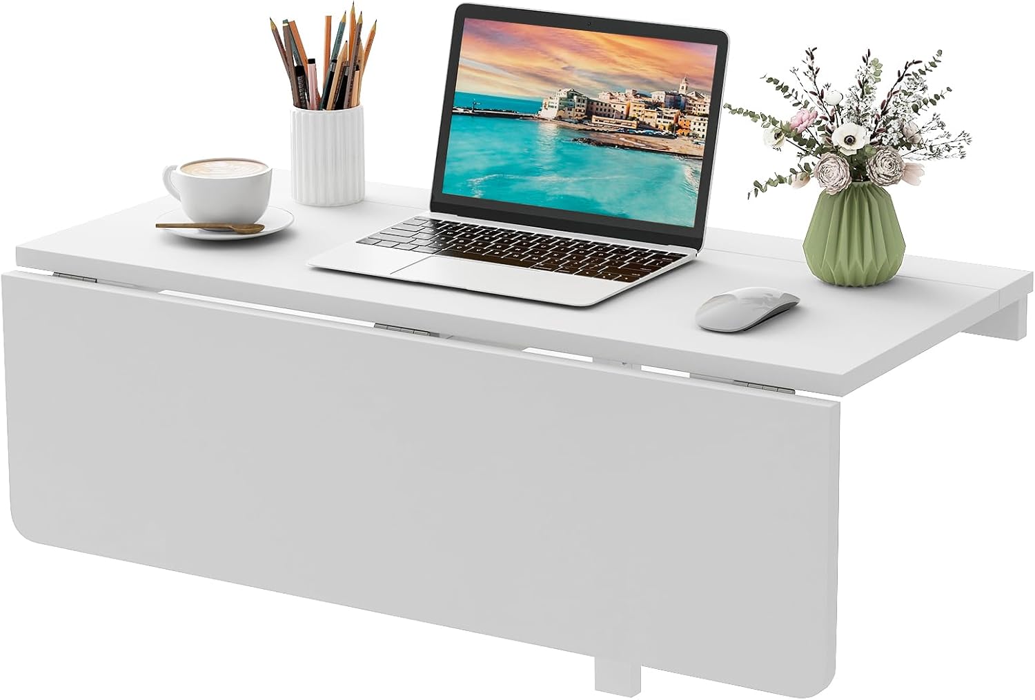 COSTWAY Tavolo Pieghevole a Muro, Tavolino Porta PC da Parete in Legno, Tavolo a Scomparsa Multifunzionale, Ideale per Soggiorno, Cucina e Studio, 80 x 60 x 45 cm (Bianco)