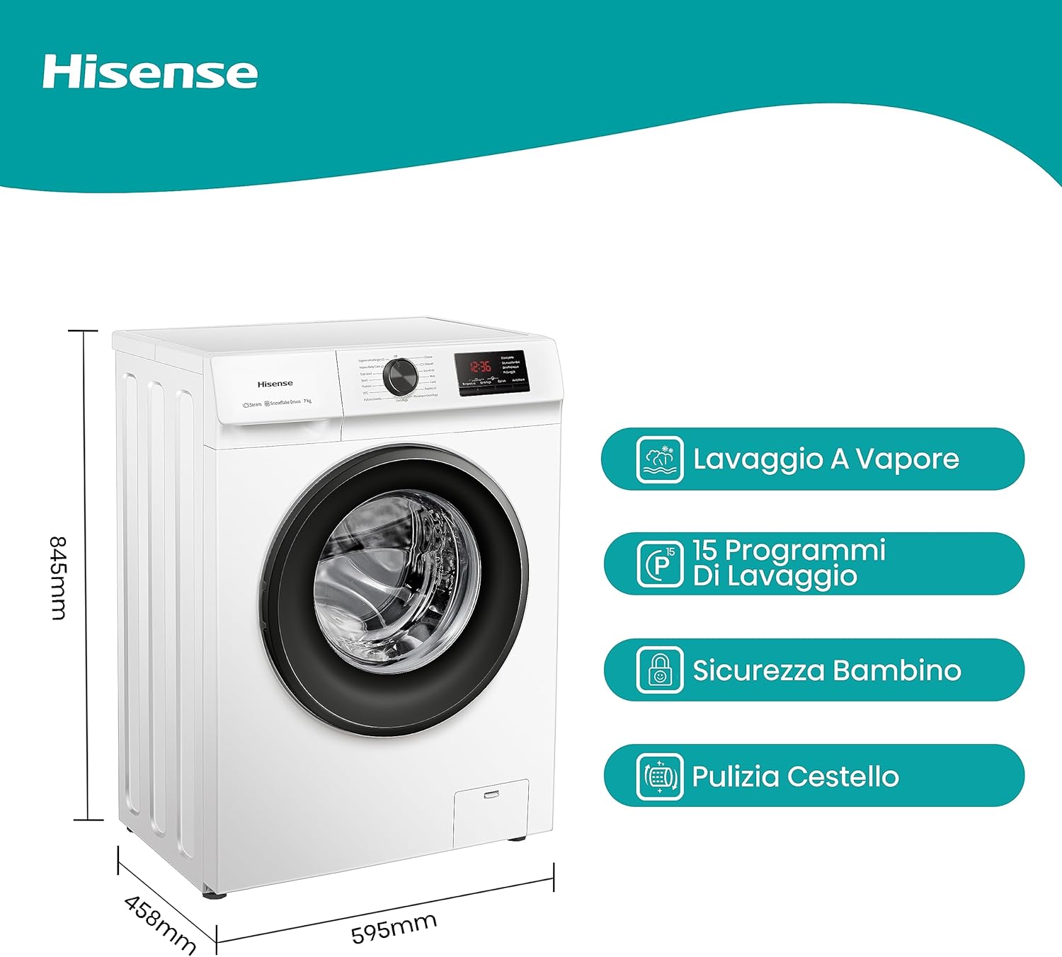 Hisense WFVB7012EM Front Load Washing Machine 7 kg 1200 rpm 15 Programs Steam LED Display Rapid Program Delay Start Child Lock
