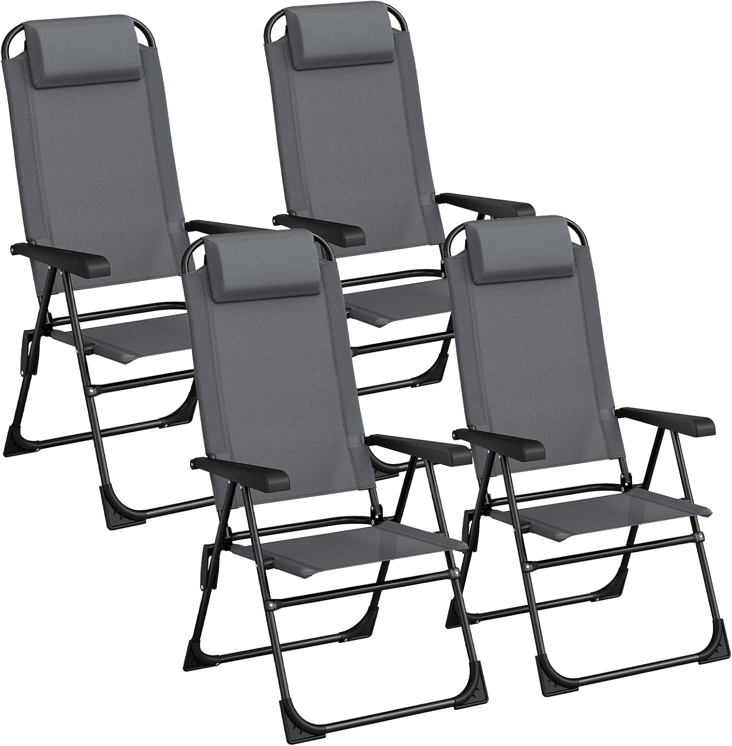 LIFERUN 4er Set Gartenstühle, Campingstühle mit Kopfstütze, mit 5 verstellbaren Rückenlehnen, Outdoor-Stühle für Garten, Klappstühle, Terrasse, Grau