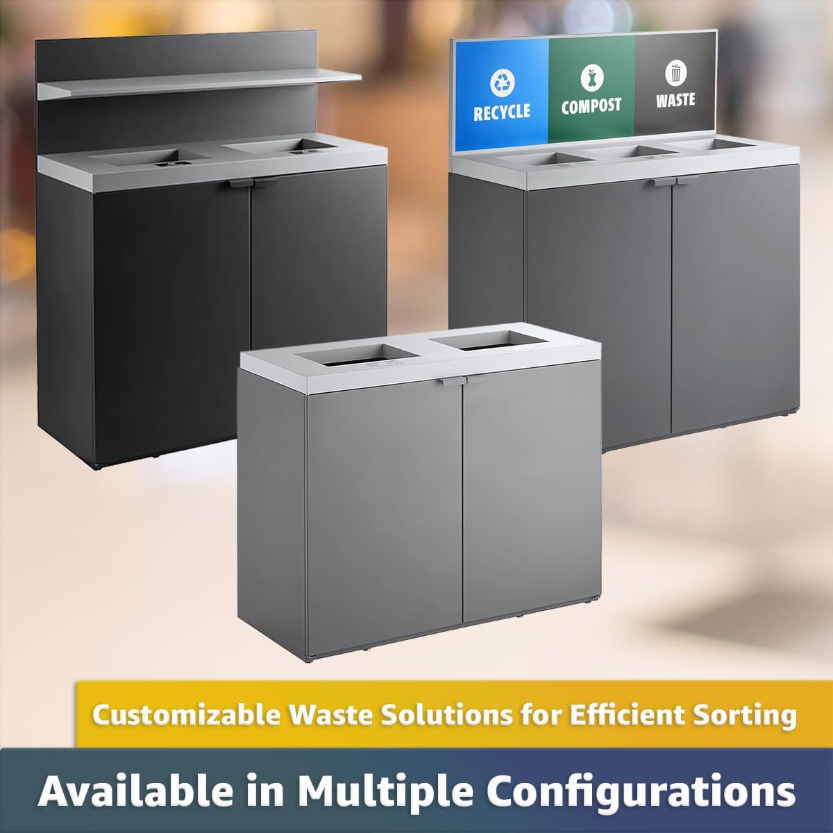 86-Gallon Commercial Steel Three-Stream Trash Can Cabinet, Recycling Center, Dark Gray