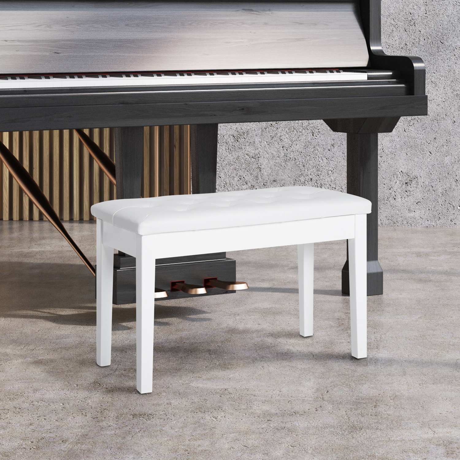 HOMCOM Klavierhocker, Klavierbank mit Verstecktem Stauraum, Klavierstuhl mit Kunstleder Kissen, Pianobank, Massivholz Keyboardbank für Piano, Keyboard, 76 x 36 x 50 cm, Weiß