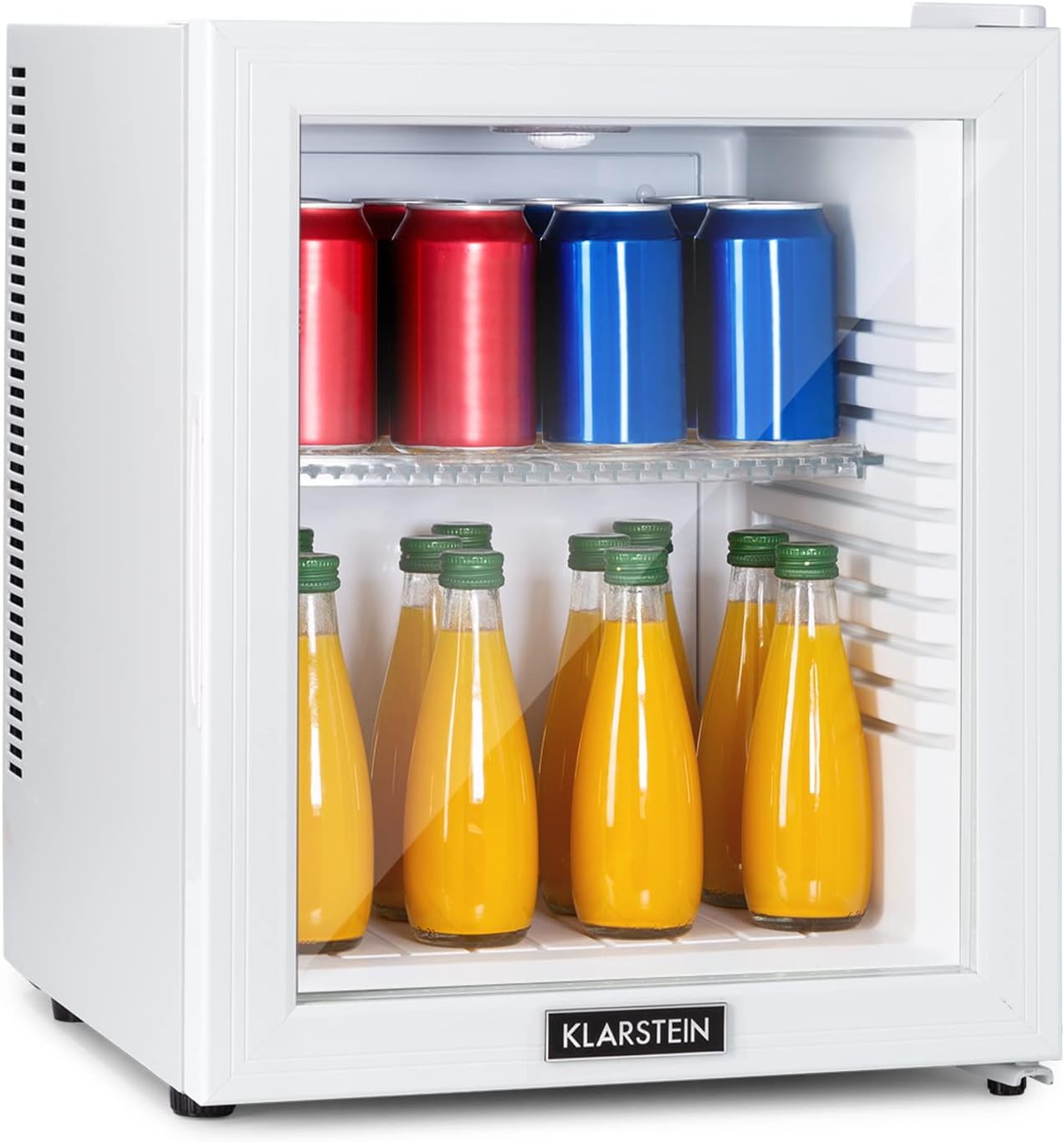 KLARSTEIN Brooklyn Mini Fridge, Portable Room Refrigerator, Small Quiet Office Refrigerator, Mini Bar with Interior Lighting and Removable Shelves, Camping Bar Fridge 12-18°C, 24L