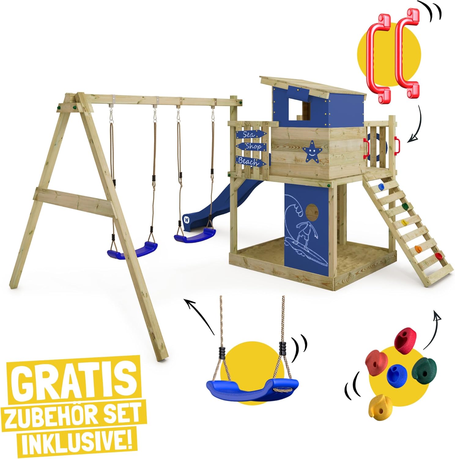 WICKEY Spielturm Klettergerüst Smart Camp mit Schaukel & grüner Rutsche, Outdoor Kinder Kletterturm mit Sandkasten, Leiter & Spiel-Zubehör für den Garten