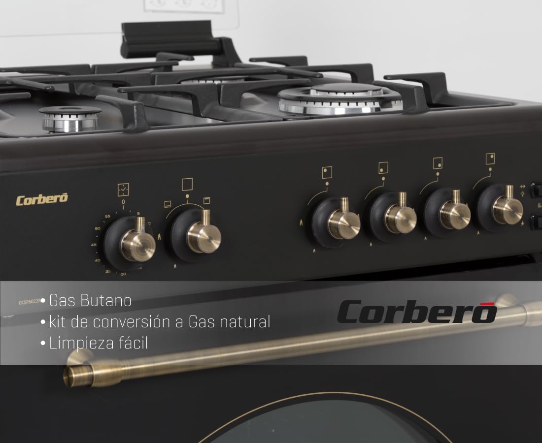 Corberó - Cocina de Gas Butano Excellence 60cm | CCSF6022NR | 4 Fuegos | Horno 55L con puerta triple cristal| Función Ruste pollos | Tapa Fogones Cristal| Wok con Quemado| Negro Rústica
