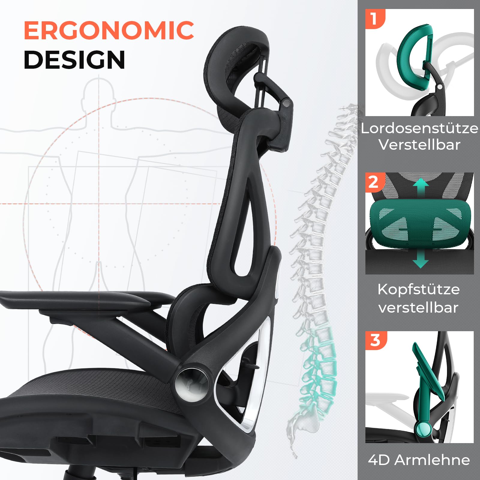 Ergonomischer Bürostuhl mit Netzstoff, hoher Rückenlehne und 3D-Kopfstütze, bis 159 kg, mit 4D-Klapparmlehnen und PU-Rollen