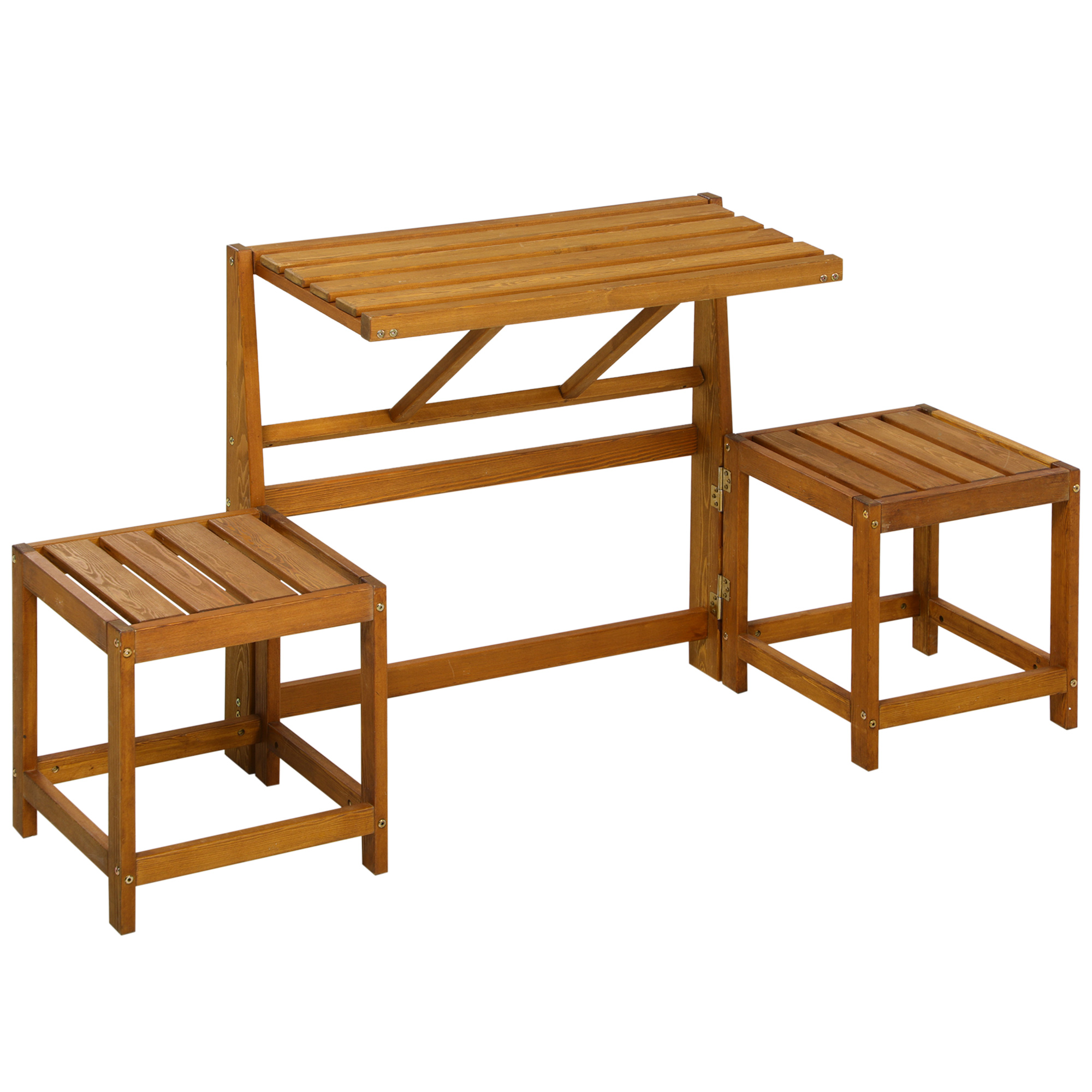 Outsunny Gartenbank für 2 Personen, 2-in-1-Kombination, Tisch mit 2 Hockern, Lärchenholz, wetterfest, Teak