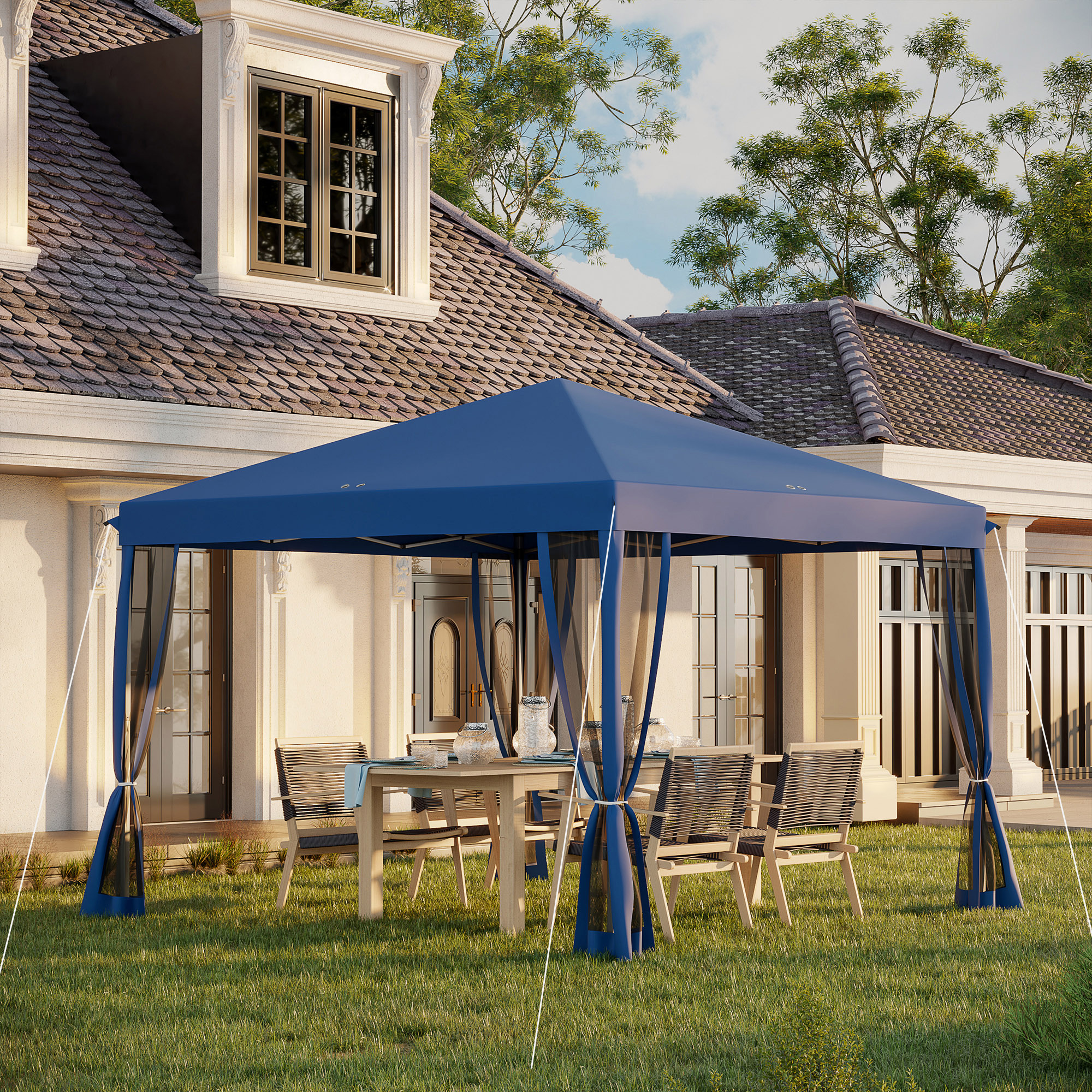 Outsunny Tonnelle Pop-Up Barnum Faltbarer Kolonialstil 3 x 3 m 4 Moskitonetze + Tragetasche blau