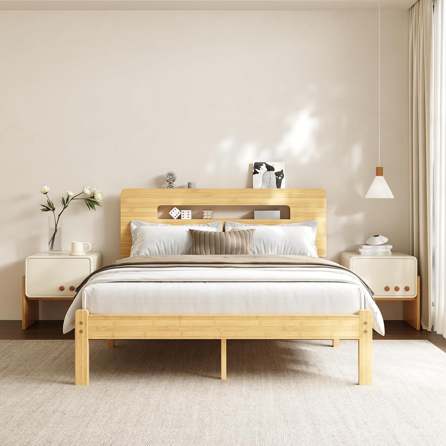 COMASACH Bamboo Wood Queen Bed Frame with Storage Headboard,14 Inch High Solid Queen Size Bed Frame, Metal Slats Support, Heavy Duty, No Box Spring Needed