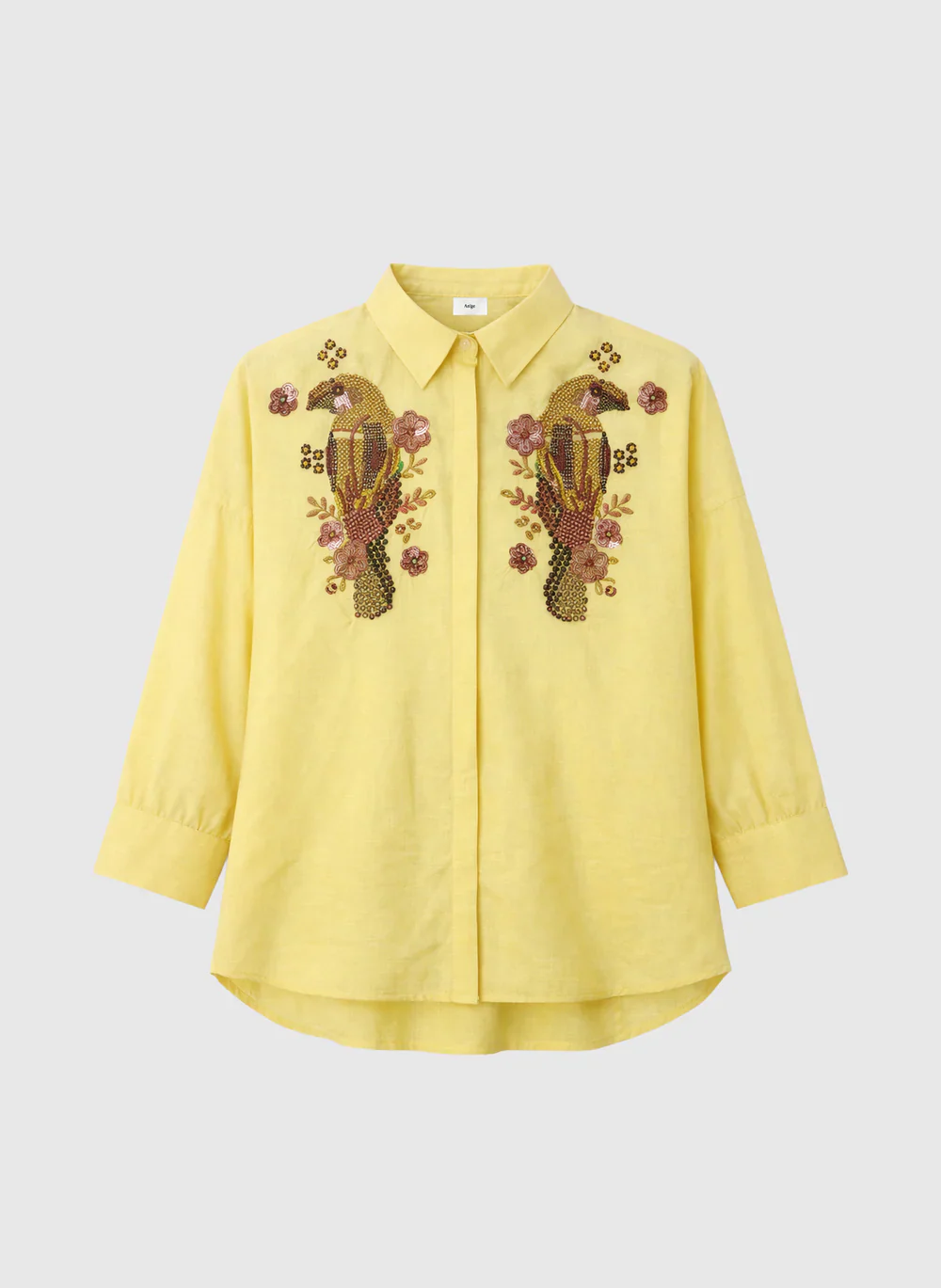 Yellow Cotton Sequin Embroidered Shirt by An'ge