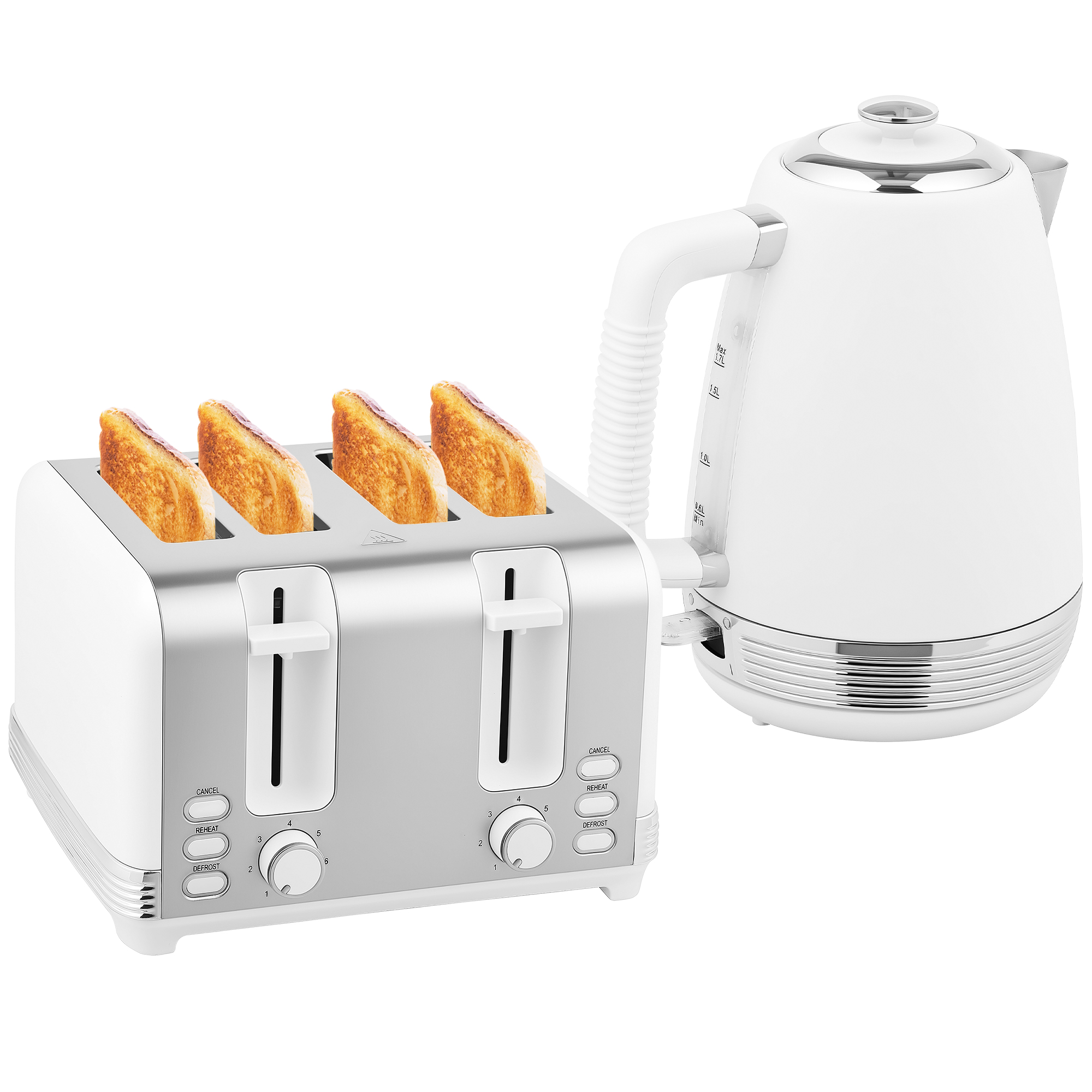 HOMCOM Wasserkocher und Toaster Set, Edelstahl Wasserkocher 1,7 L und 2200 W und 4-Scheiben Toaster, Weiß