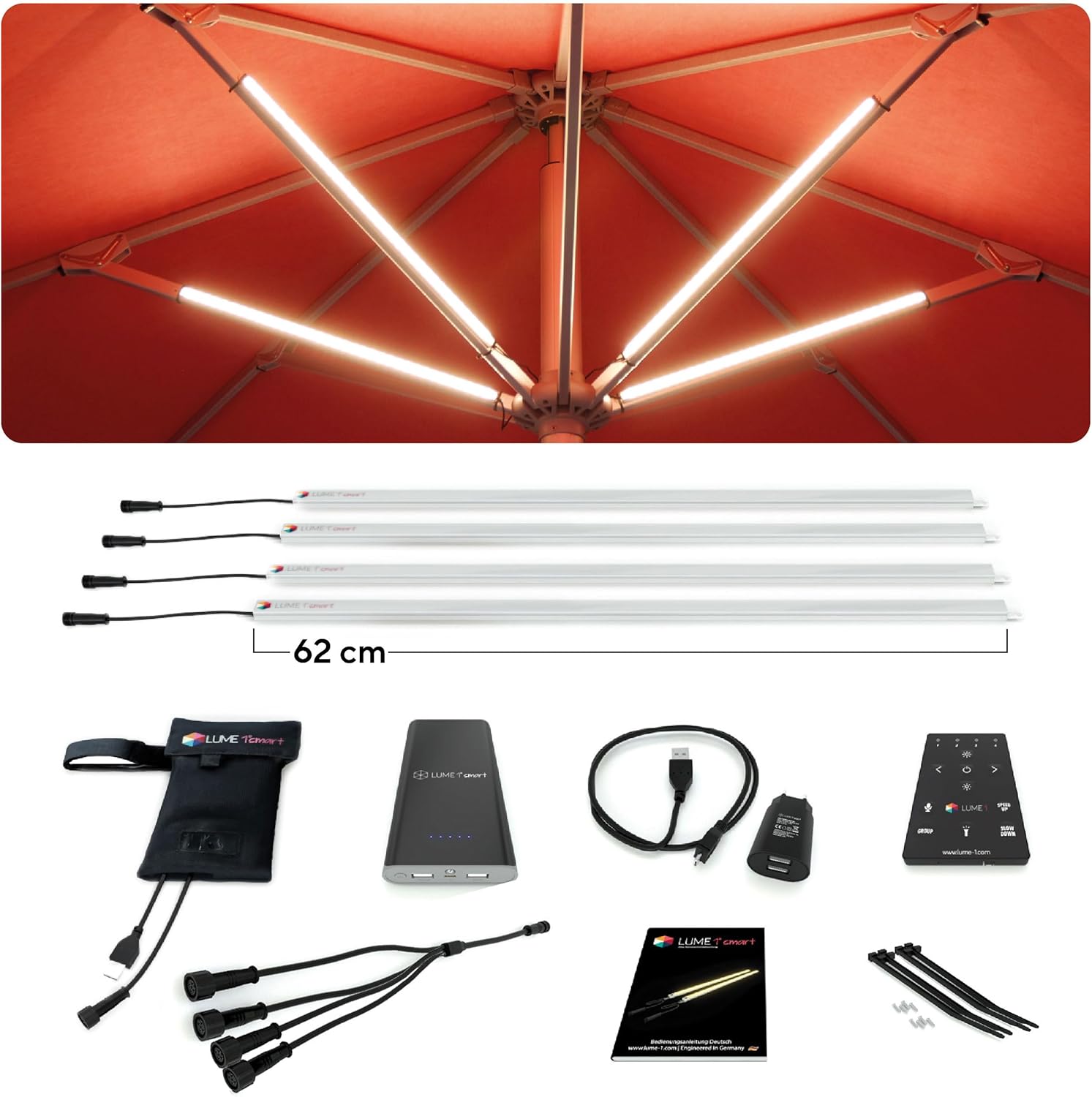 Lume1 Sonnenschirmbeleuchtung mit Fernbedienung, Sonnenschirmleuchter, Lampen für Garten, 4 LED warmweiß Leisten mit 1000 Lumen für angenehme Beleuchtung, Akku enthalten (Smart 4er)