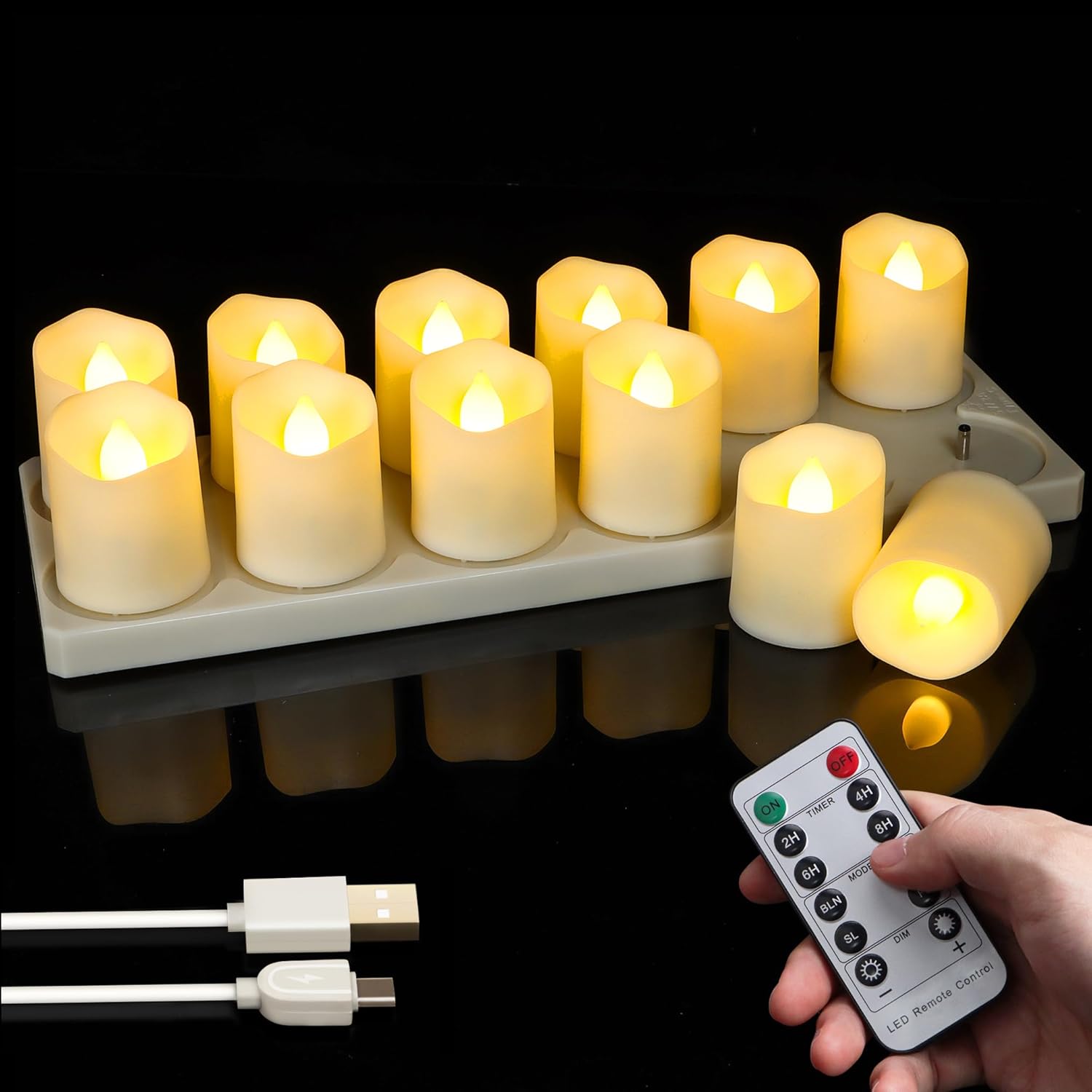 FREEPOWER 12 lumini a LED ricaricabili con stazione di ricarica, cavo USB e telecomando 鈥?Funzione timer, tremolante bianco caldo, 脴 4 x 4,5 cm