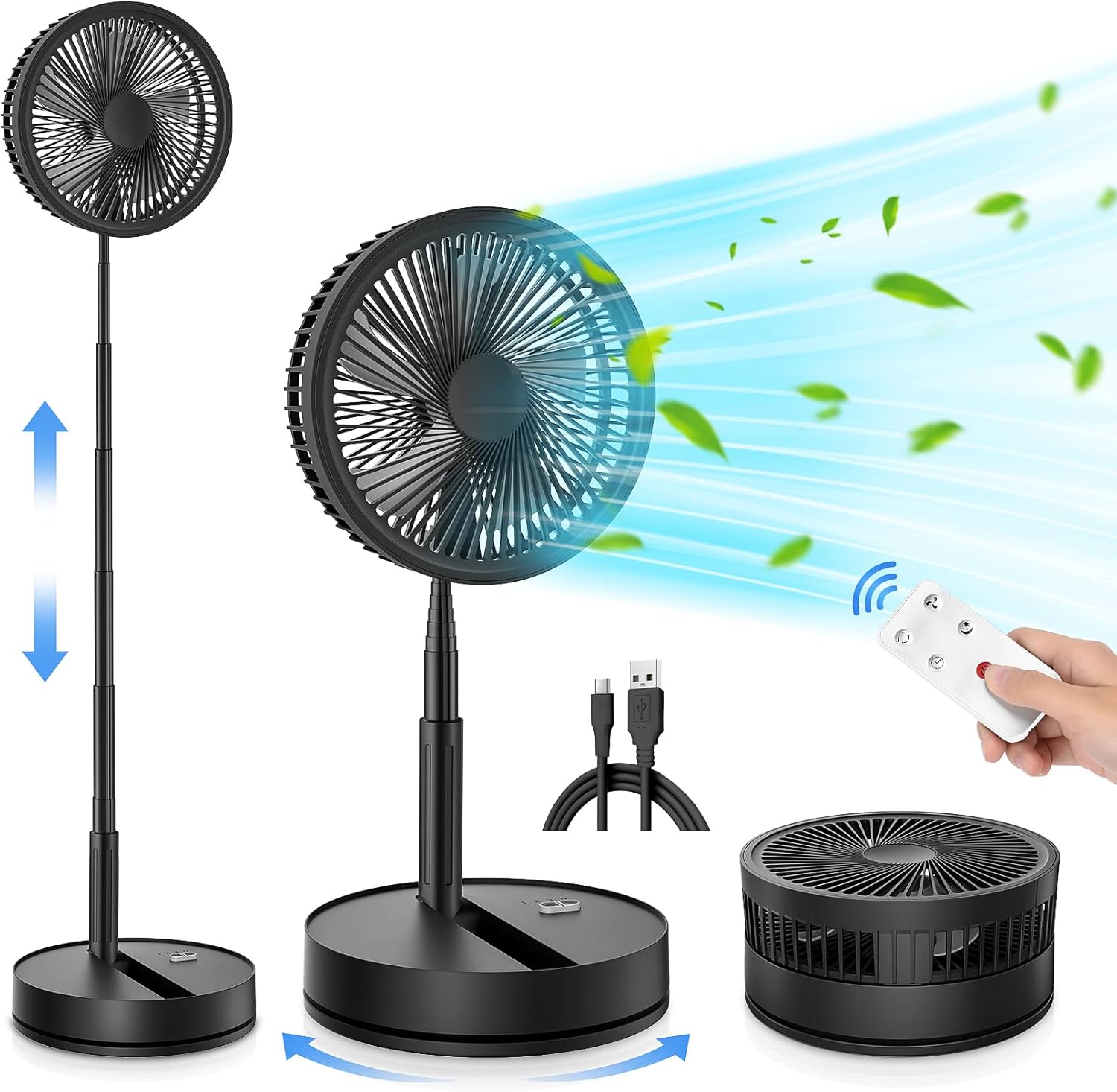 Oscillante Ventilatore a Piantana Silenzioso con Telecomando, 9'' Portatile Pieghevole Tavolo/In piedi Ventilatore con 4 Velocit脿/Timer, 7200mAh USB Ricaricabile Fan per Camera da Letto Viaggio