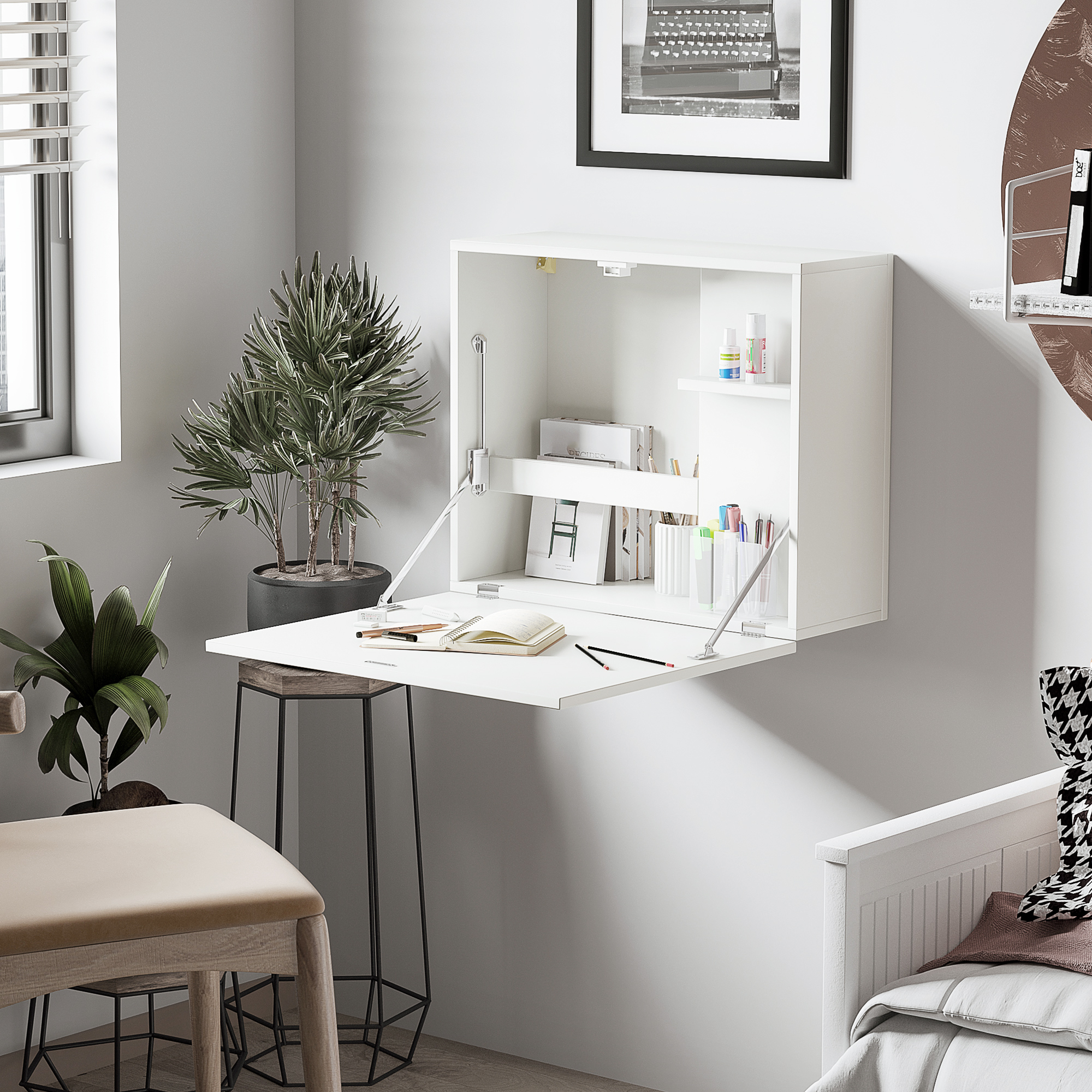 HOMCOM Wandklapptisch Zusammenklappbar und Platzsparend mit Regalen, für Zuhause und Büro, aus Spanplatte und MDF, 60x21.5x50 cm, Weiß