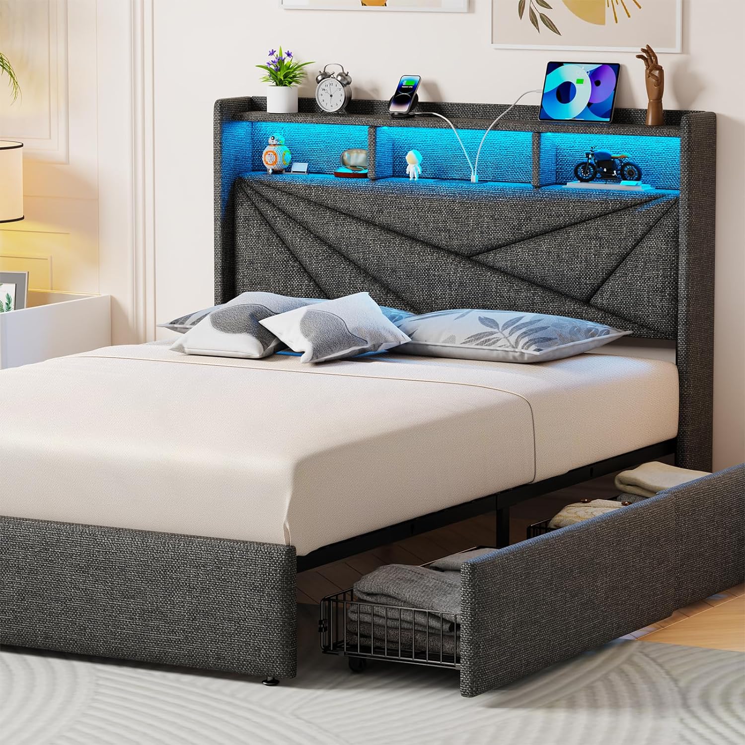 King Size Bed Frame with 4 Storage Drawers, Upholstered King Bed Frame with Charging Station and LED Lights Headboard, No Box Spring Needed, Easy Assembly - Dark Grey