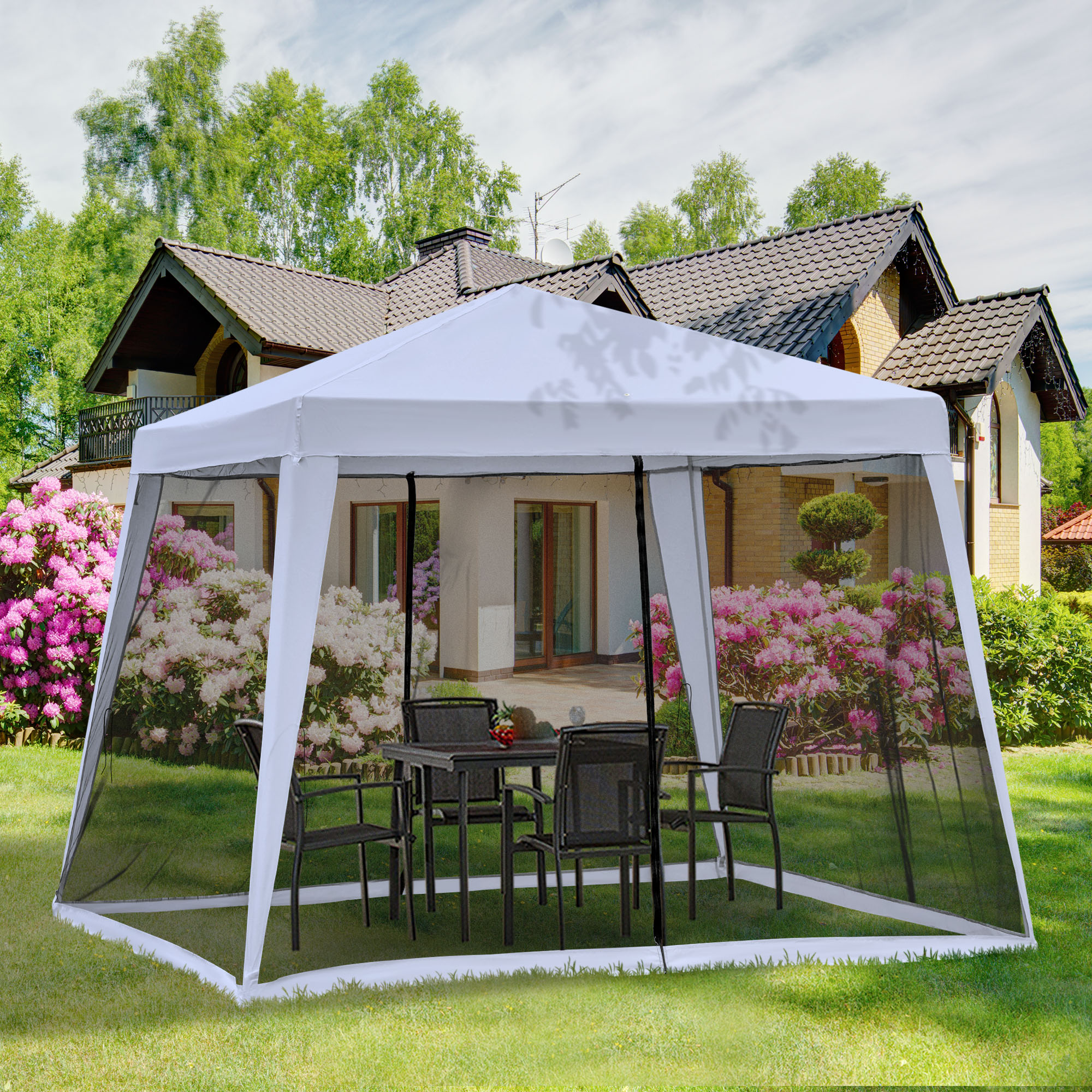 Outsunny Gartenpavillon Pavillon Festzelt Partyzelt wetterfest Zelt mit Moskitonetz Metall + Polyester Grau 3 x 3 m