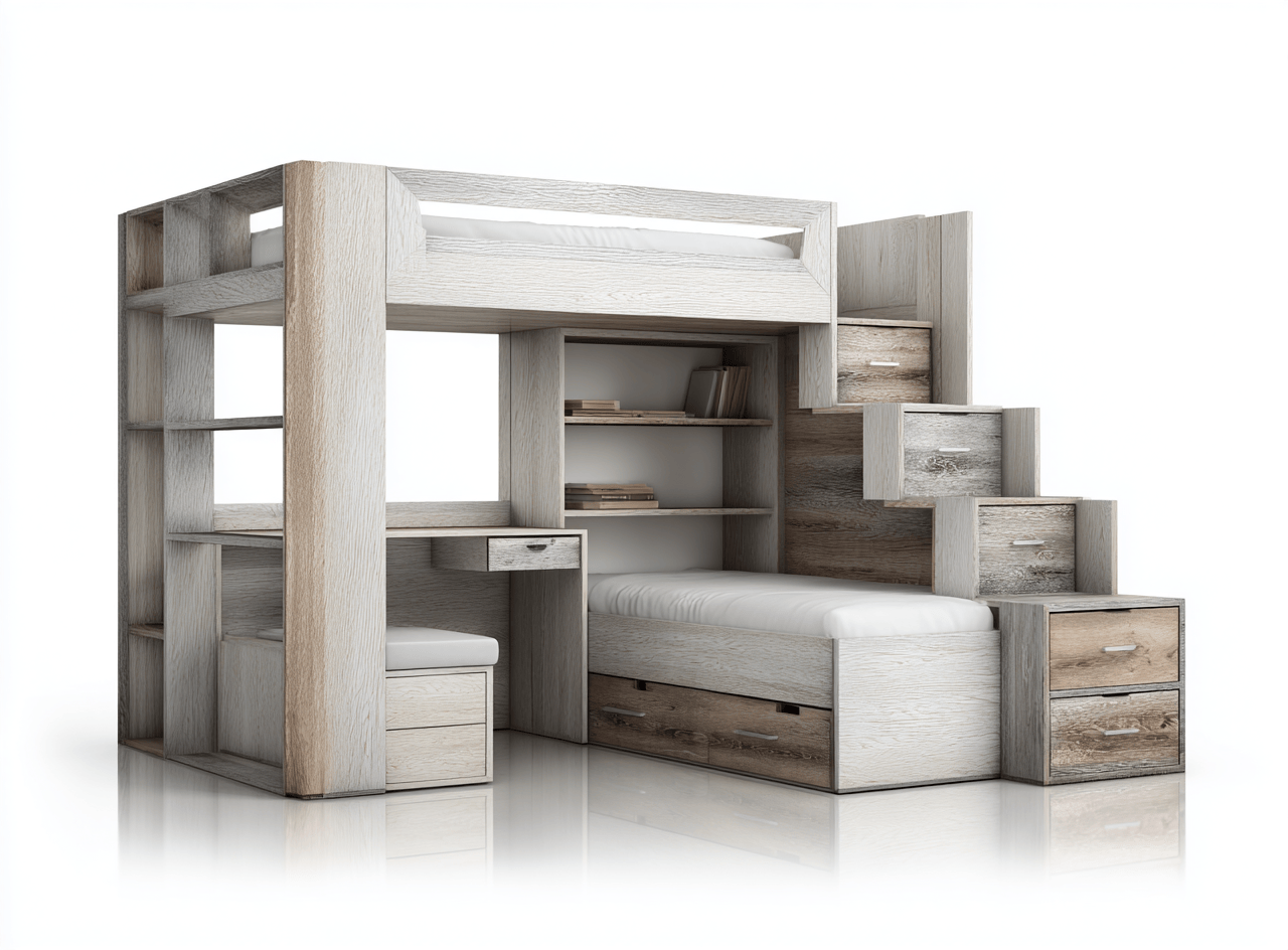 Letto a castello con soppalco – legno rovere bianco e grigio chiaro 210×125×180 cm – con scrivania, libreria e scala contenitore