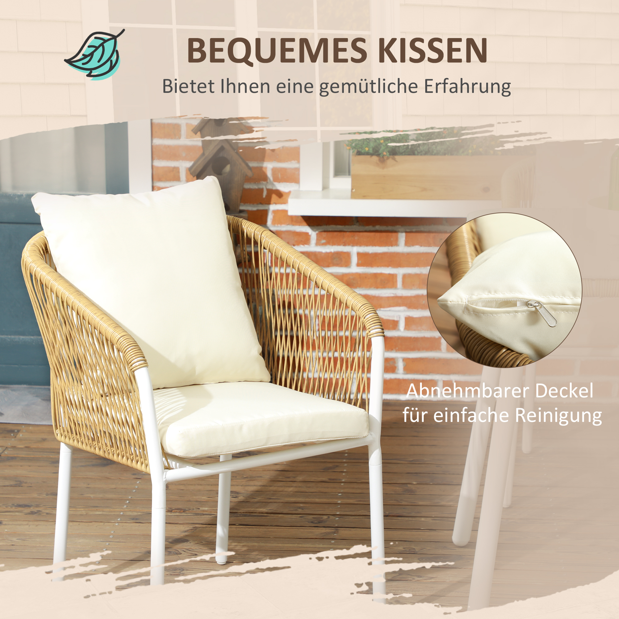 Outsunny Tuinset, 5-delig, Rattanlook, Zit- & Rugkussens, roestvrij Alu-frame, Geel/Wit/Beige