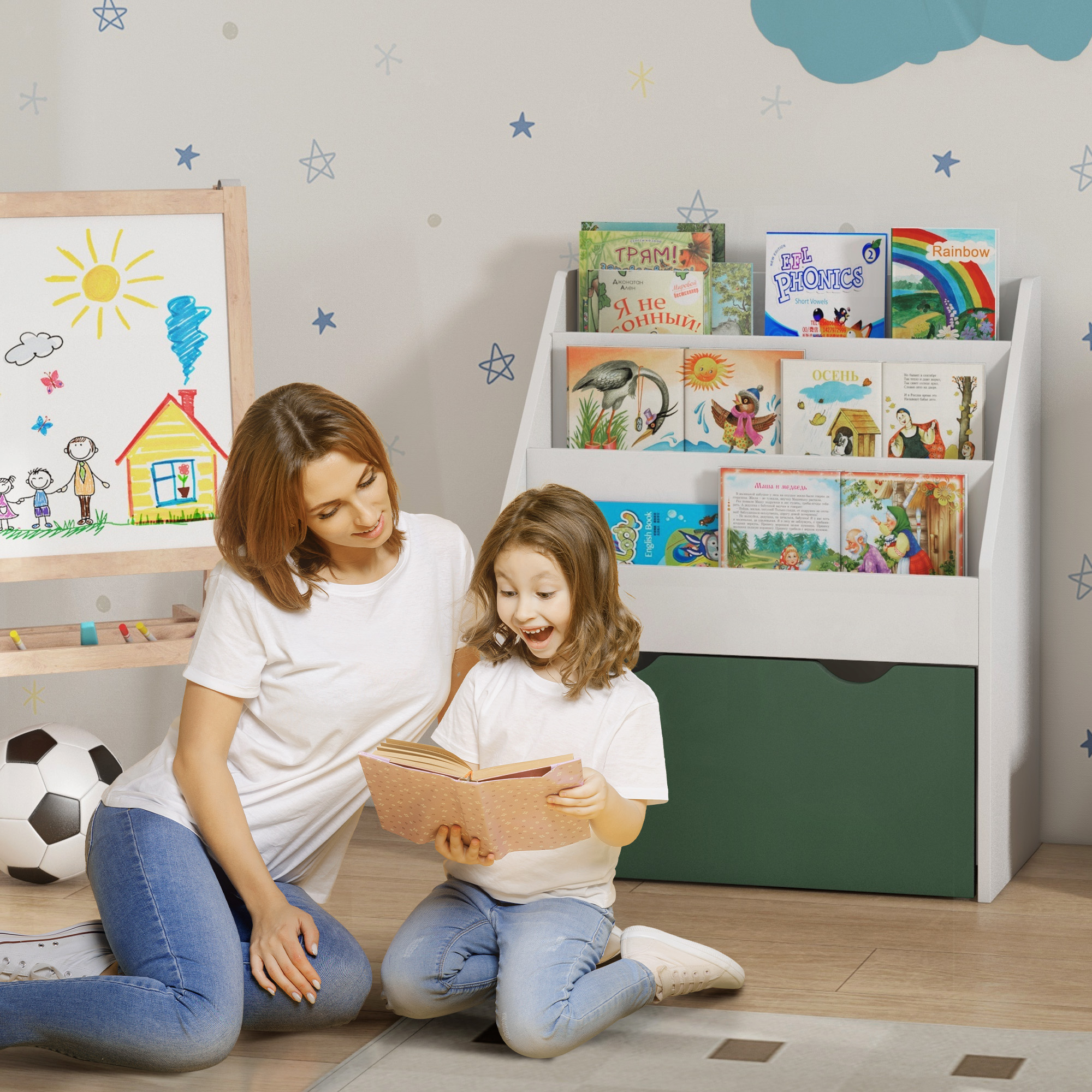 AIYAPLAY Kinderbuchregal mit Mehrzweck-Aufbewahrung mit 3 Ebenen Regalen und Schublade, 62,5L x 30B x 70H cm, grün