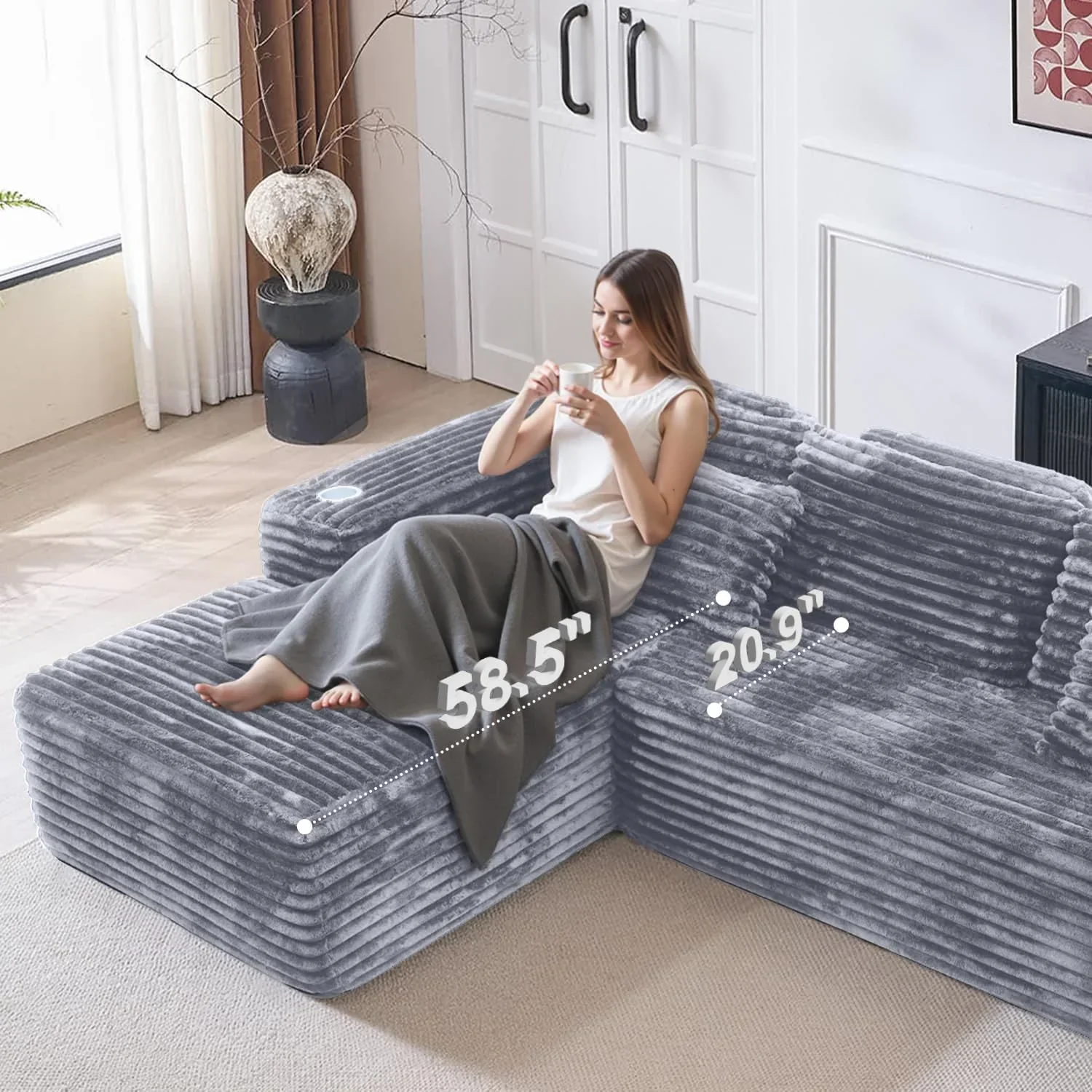 Cloud section sofa with L-shaped recliner modern modular sofa built-in cup holder