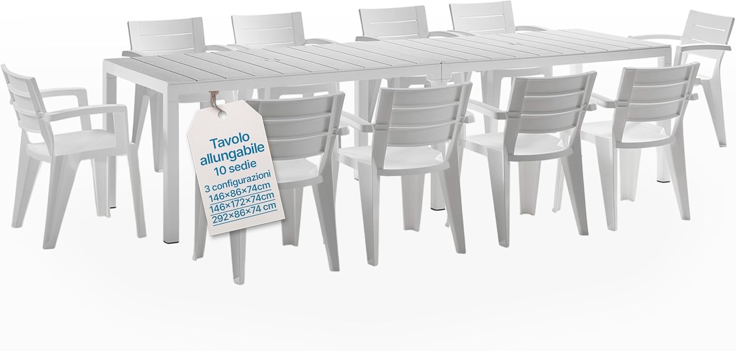 Tomaino - Garden Table with Chairs, Savana Set in Plastic, Outdoor Furniture in Polypropylene for Balcony Terrace (Black, Extendable Table and 10 Chairs)
