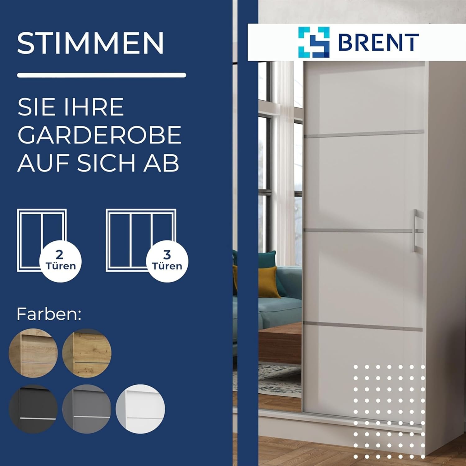 Brent - Kleiderschrank mit Spiegel 100cm Breit Windsor Tomy I Schlafzimmerschrank mit 2 Kleiderstange und Einlegeböden für Kleidung I Kleiderschrank Sonoma Eiche