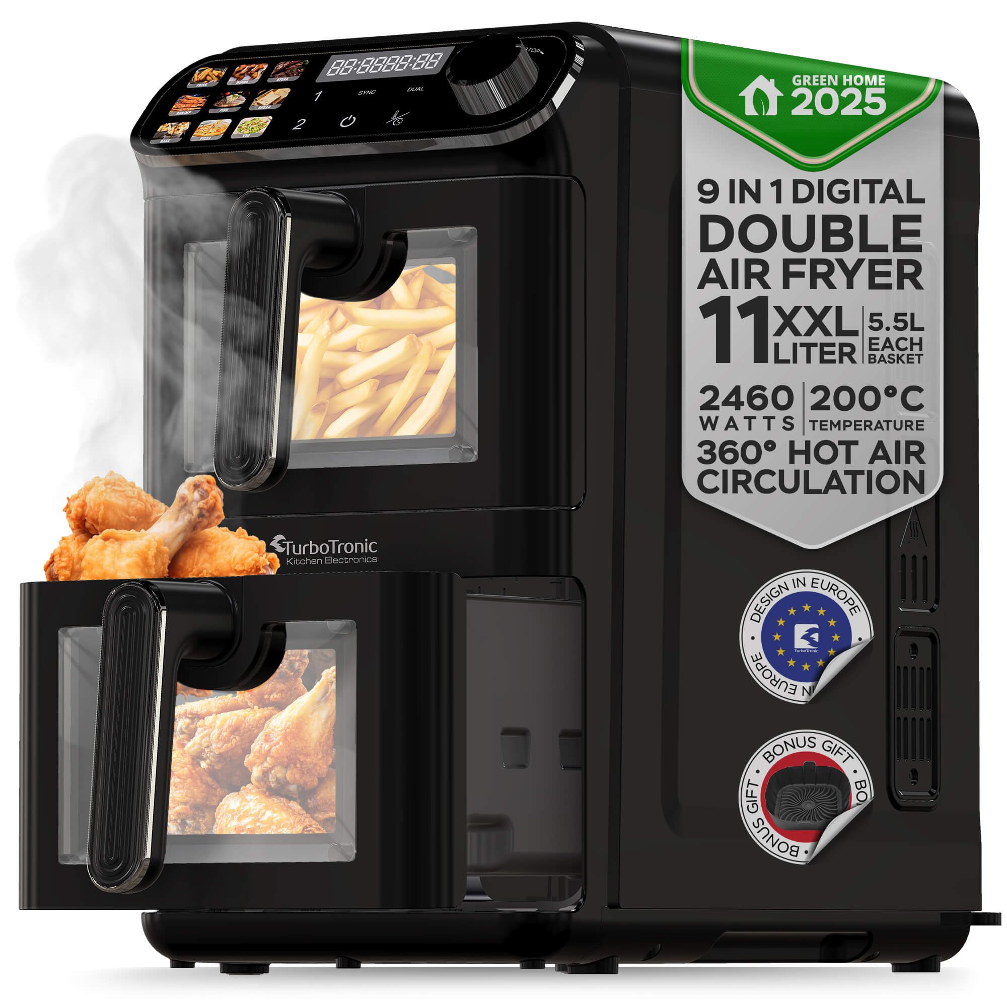 Heißluftfritteuse mit 2 Kammern Übereinander, XXL Doppelkammer Airfryer 11L, Dual Zone