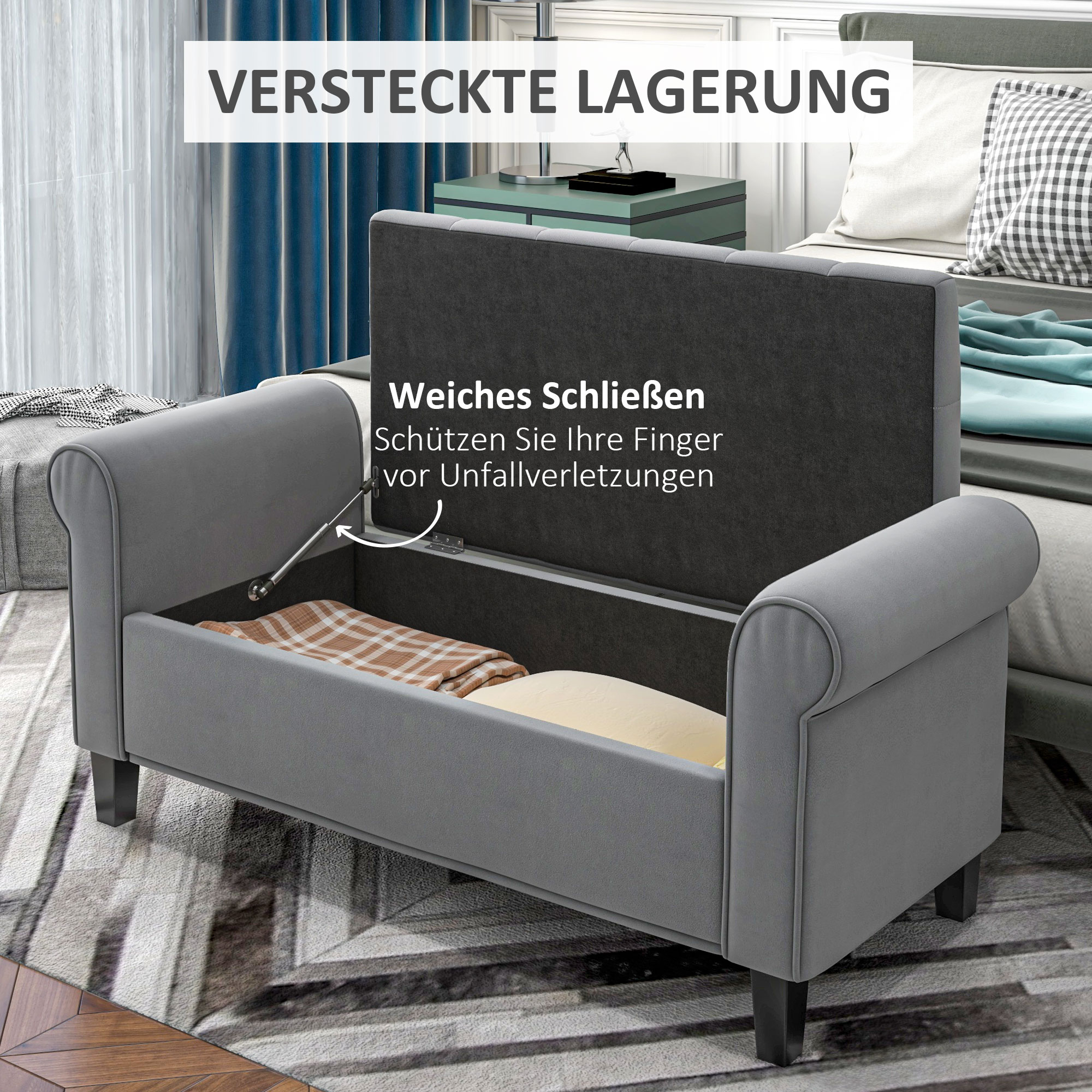 Zitbank Polsterbank Bedbank, Knoopstiksel, Fluweelachtige Afwerking, 126 cm x 48,5 cm x 57 cm, Grijs