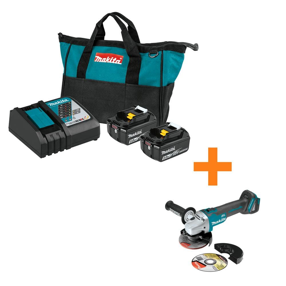 18 Volt LXT Battery and Rapid Optimum Charger Starter Pack (5.0Ah) with bonus 18V LXT Brushless Cut Off/Angle Grinder BL1850BDC2XAG04