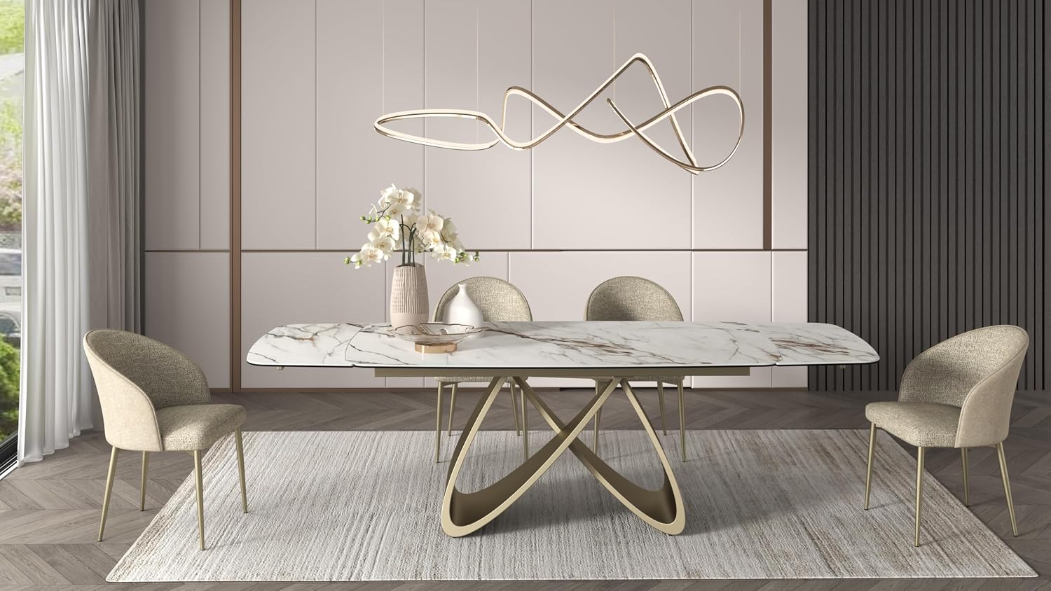 PAZZO DESIGN Tavolo Allungabile Enea, Piano In Vetro Ceramica Calacatta Marble, Gambe Oro, Cucina, Soggiorno, Ceramica, 160 x 90 x h76 cm - id_2393