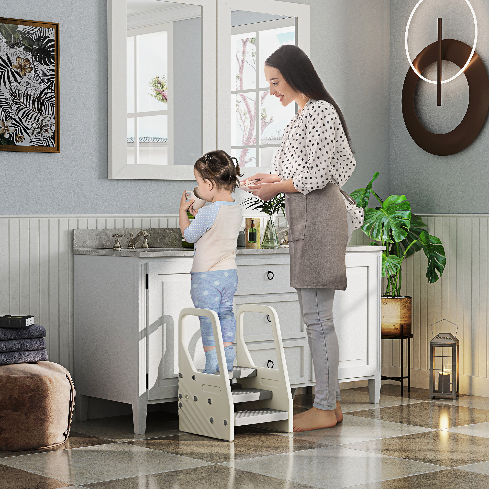 AIYAPLAY Kinder-Tritthocker, von 3 auf 2 Stufen verstellbar, mit Handgriff, Rutschfest, für verschiedene Räume, Kunststoff, Grau