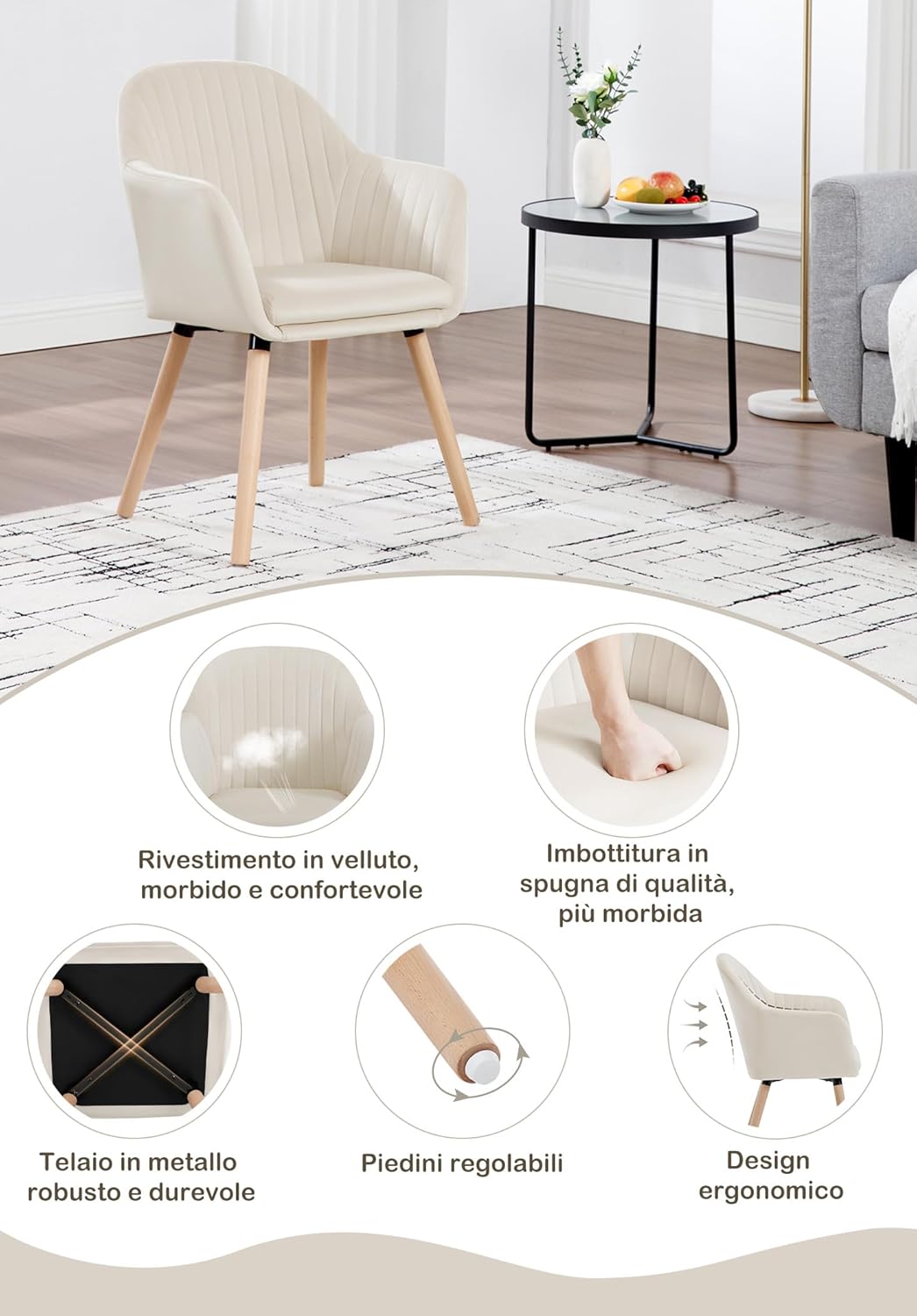 WOLTU Set di 6 Sedie per Sala da Pranzo con Schienale Braccioli Poltrona Imbottita Gambe in Legno Seduta in Tessuto Velluto Crema BH95cm-6