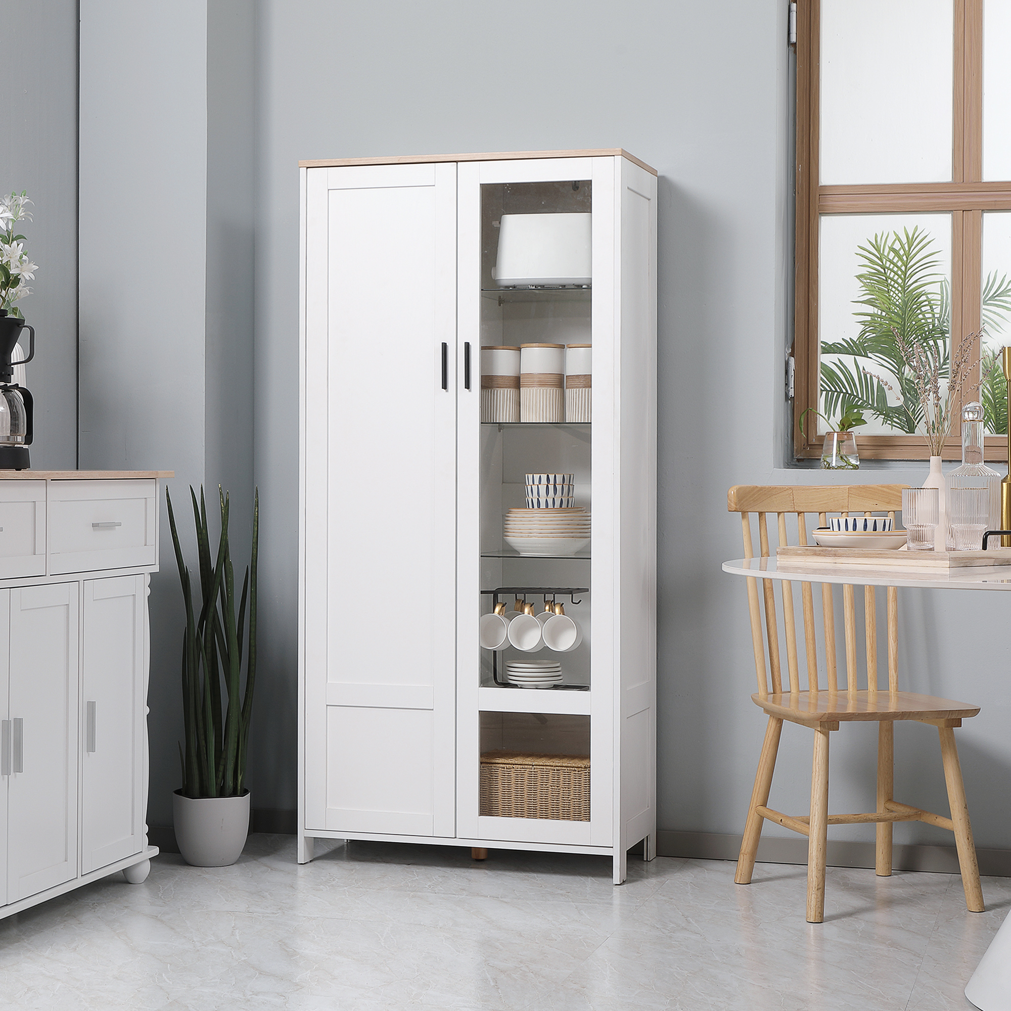 HOMCOM Küchenbuffet, Küchenschrank, Vitrine, 7 Regale, davon 3 Glasregale, 76 x 36 x 160 cm weiß